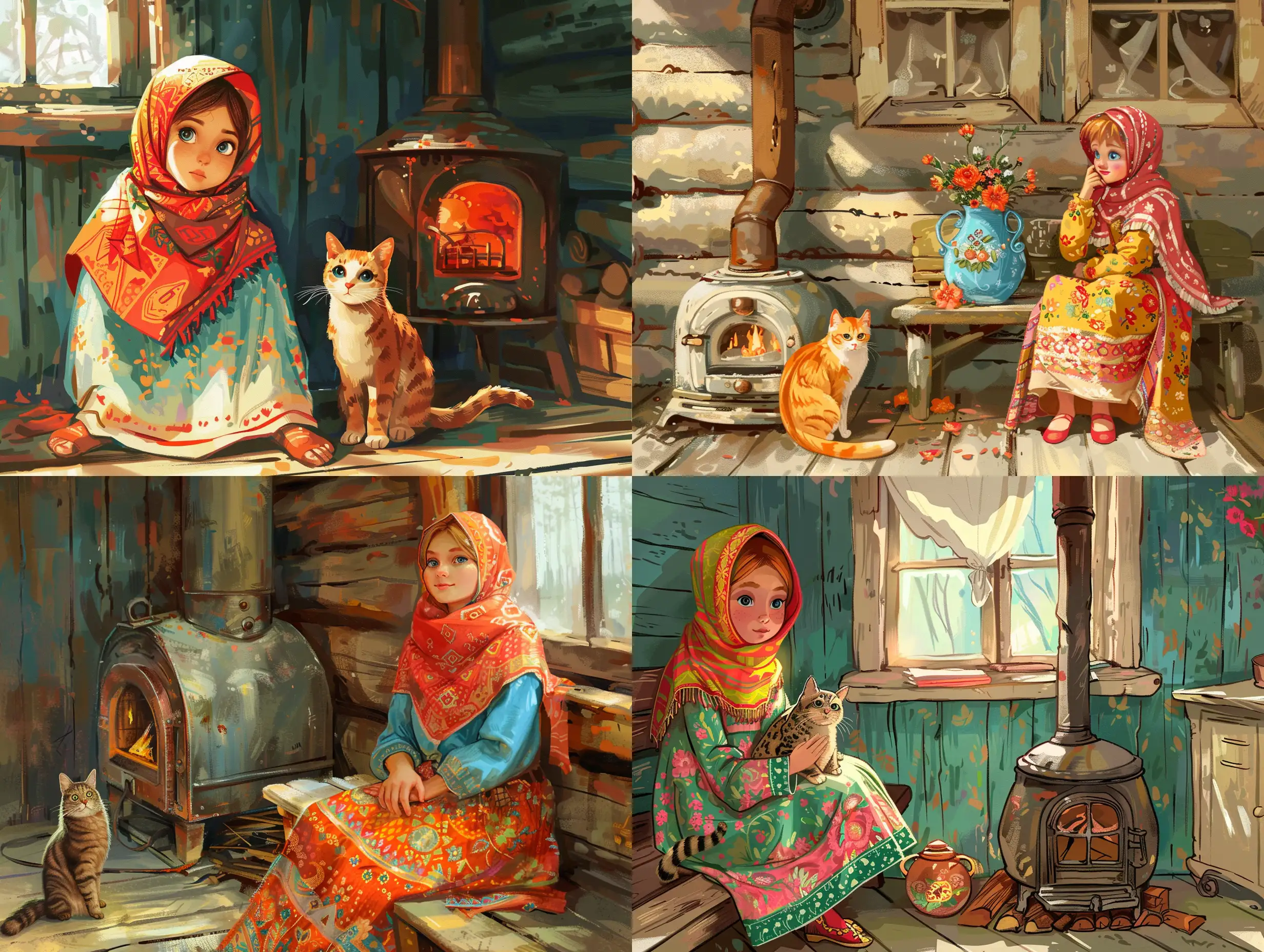 Illustration like a Disney fairytale about 7-years Russian girl with a headscarf and Russian sundress, she sits with a cat on the wood bench in an old Russian hut next to the traditional Russian stove