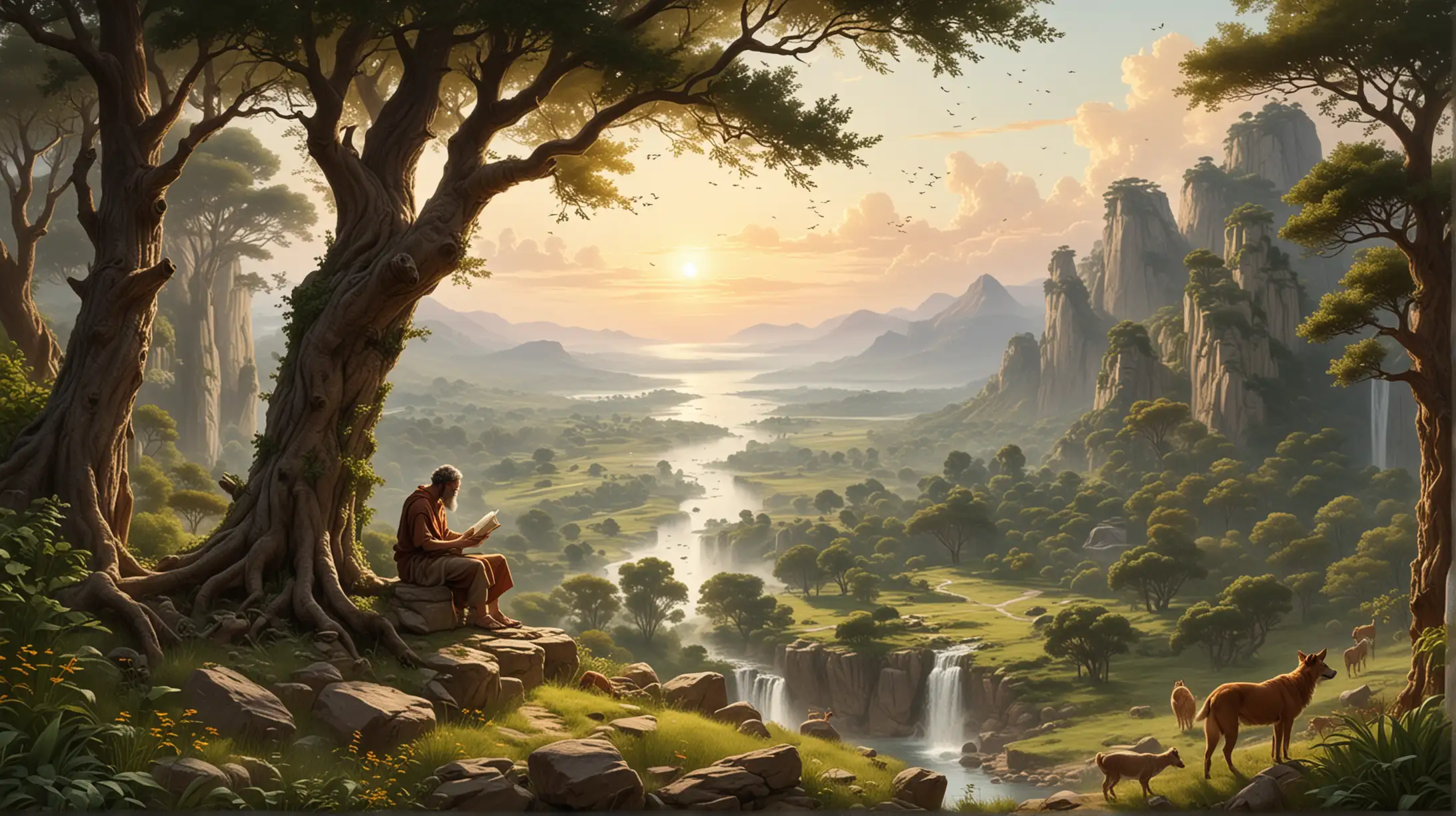 Illustrate the stoic principle of living in accordance with nature through a scene depicting a philosopher communing with the natural world. 