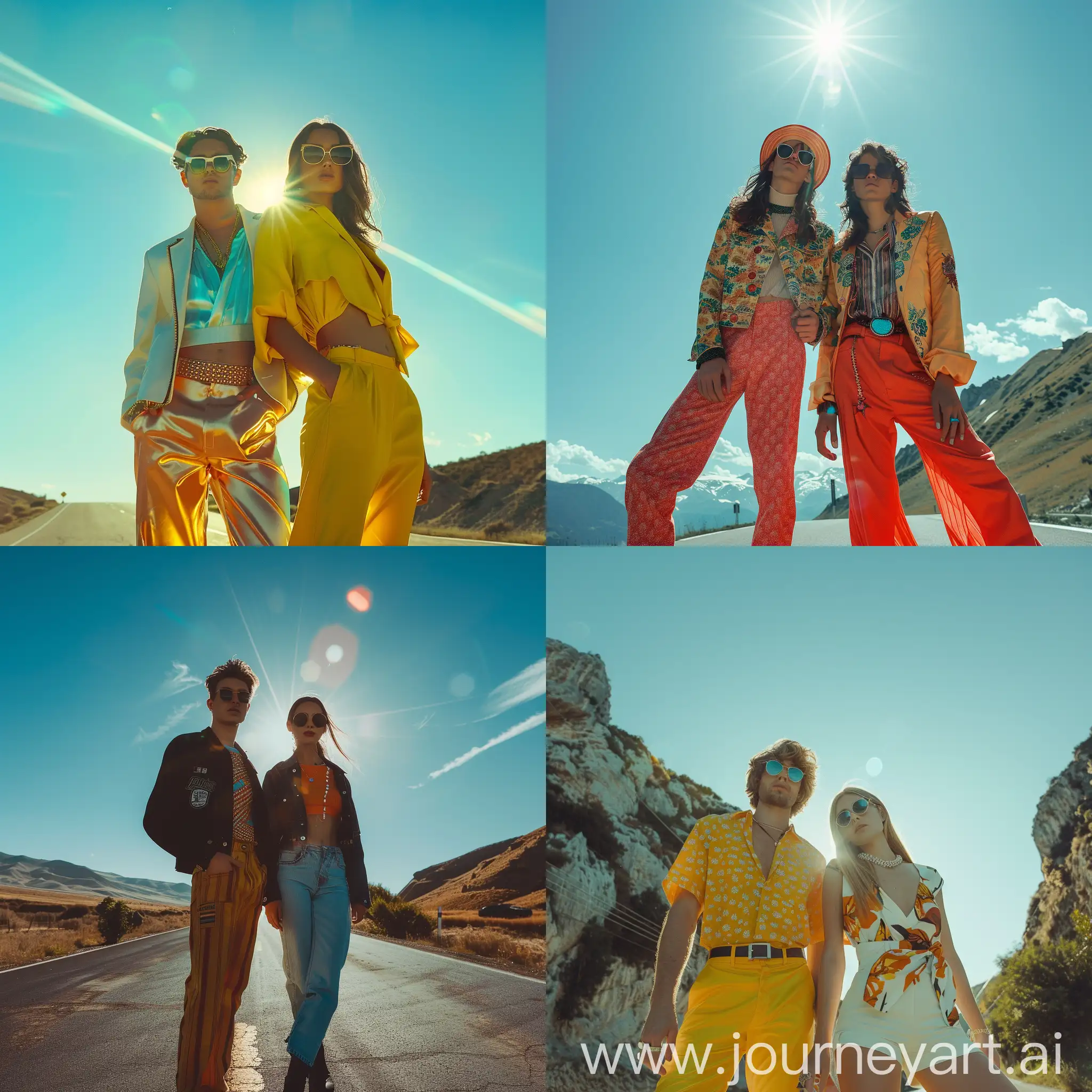 молодые фотомодели мужчина и женщина в яркой одежде позируют на фоне голубого неба и улыбаются. фон горная дорога, солнечный день. movie flares, 4k, realistic photo