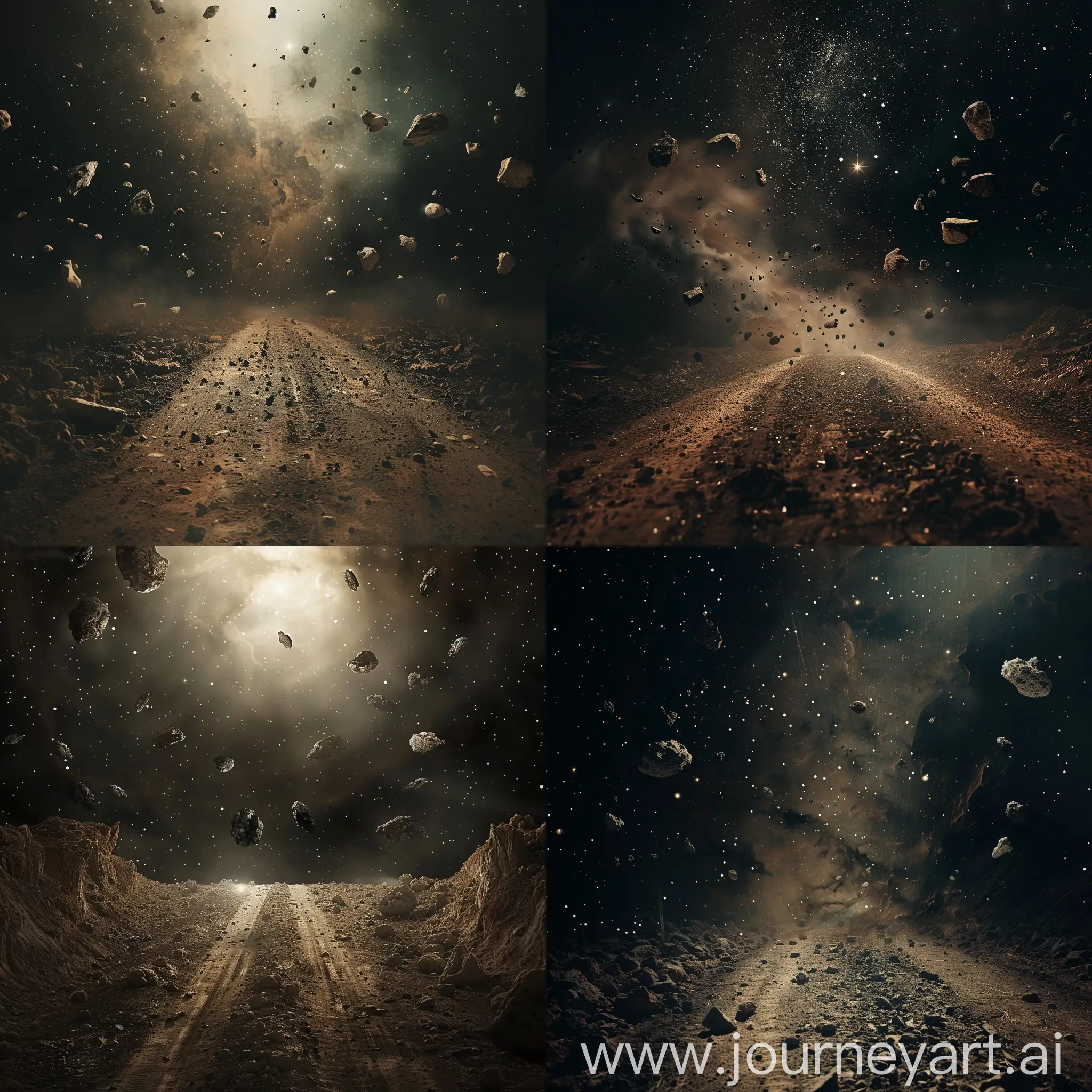 empty space, abyss, dirt road, flying rocks, asteroids, dim lighting, space, small white star