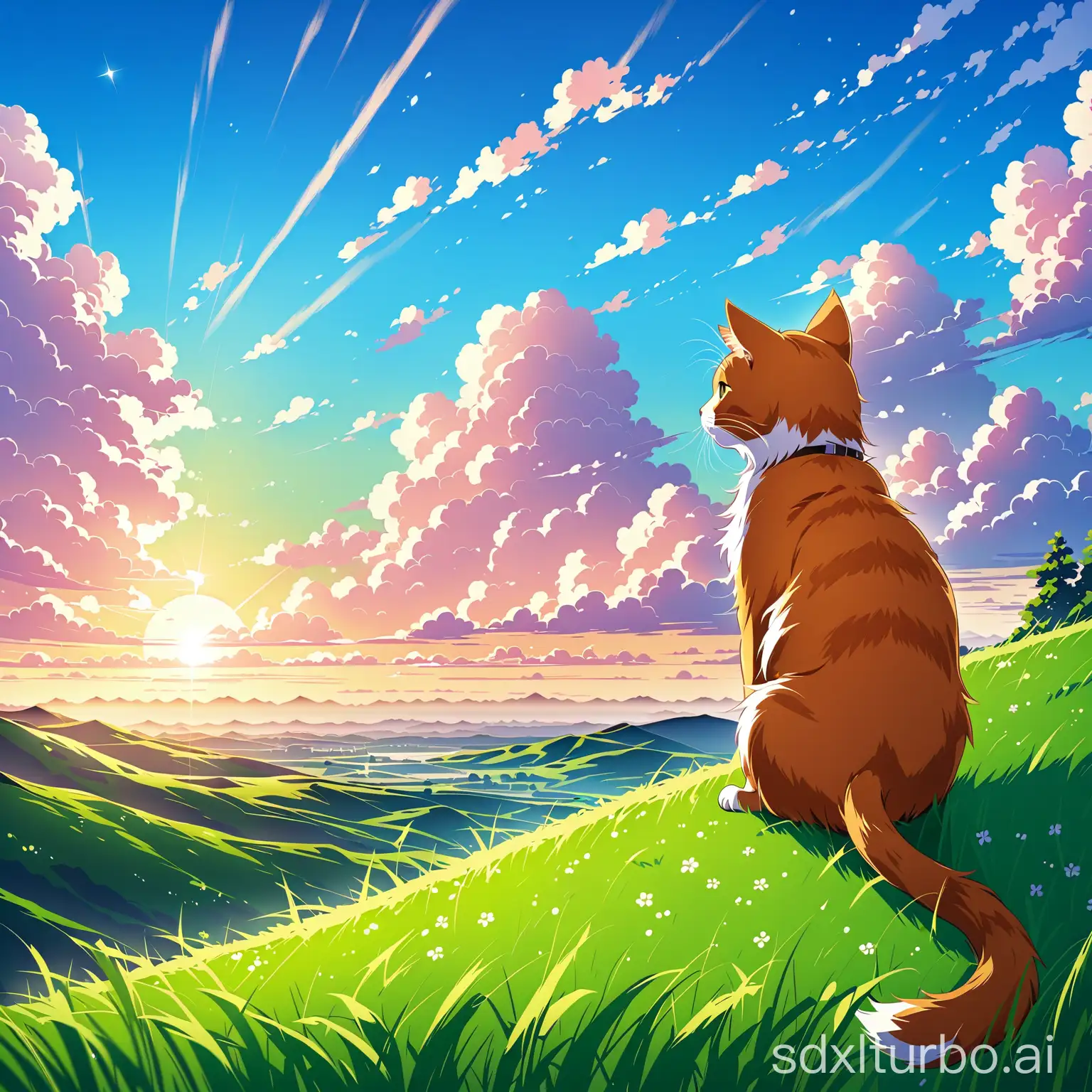 a cat sit on grass slope and watch the cloud