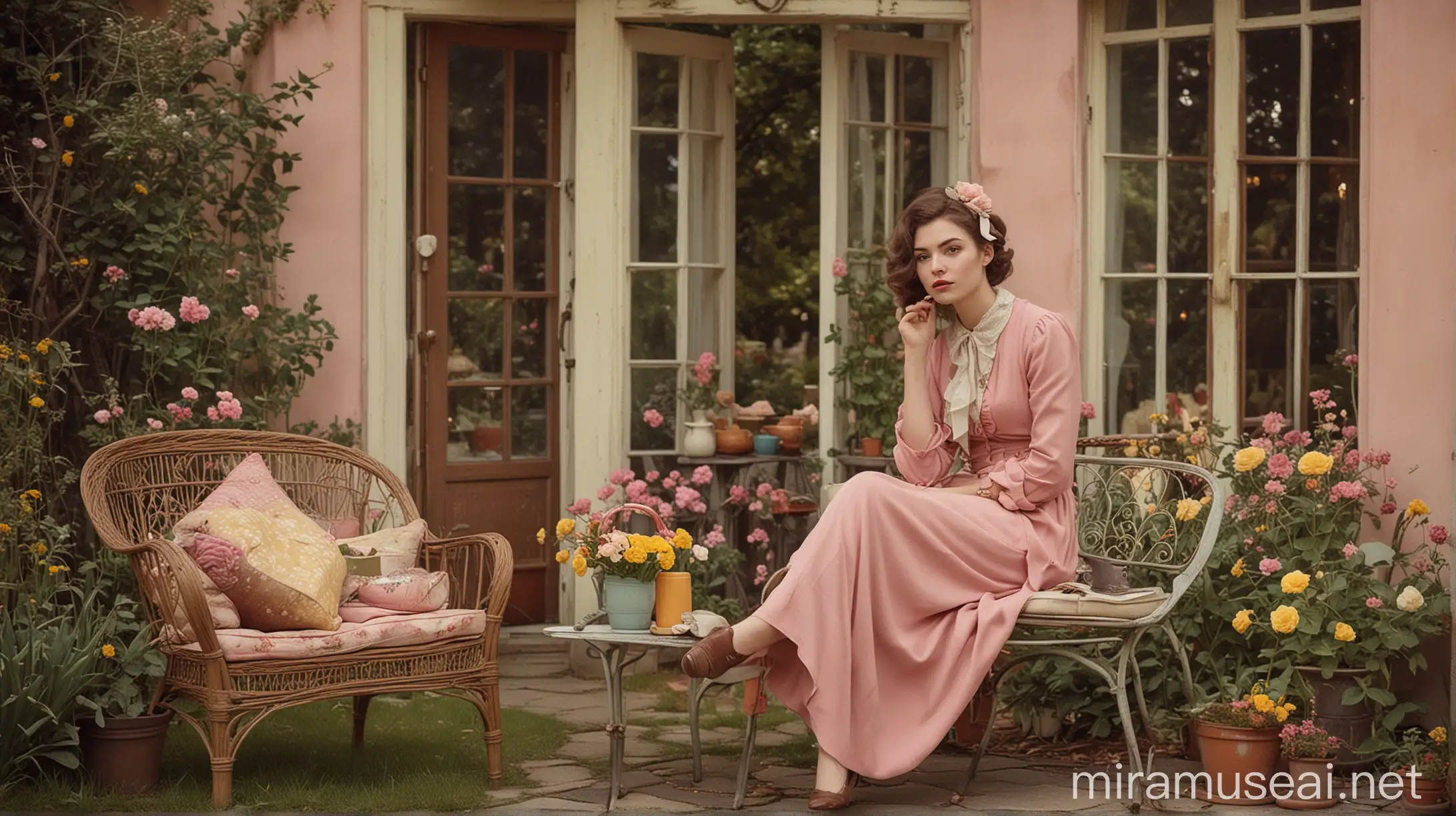 Create a scene of a lady in vintage style warm dressed in old vintage brown color, in back yard detailed and colorful items. The setting should use a pastel color palette featuring soft pinks, pale yellows, and light blues. She is sitting somewhere thinking and wondering, unaware of being photographed. The composition should be slightly off-center and dynamic, Add retro elements and whimsical details to evoke a vintage, nostalgic atmosphere with a mix of melancholy and whimsy.