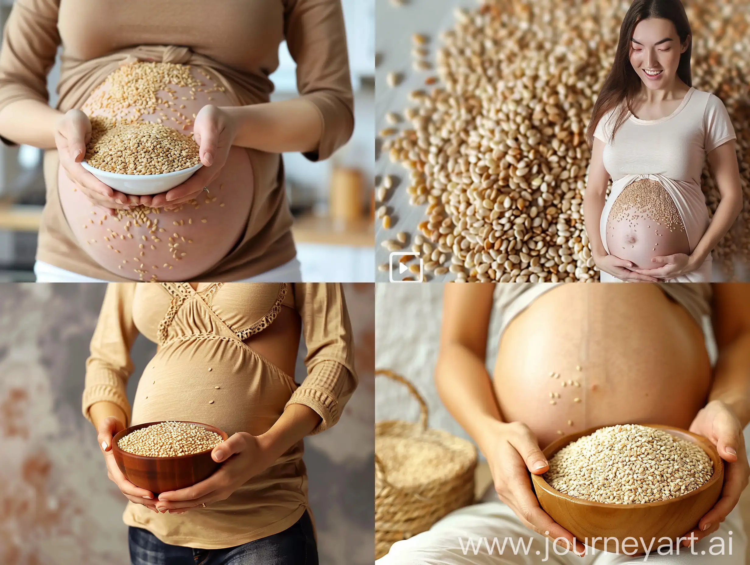 A photo of a pregnant woman with sesame seeds