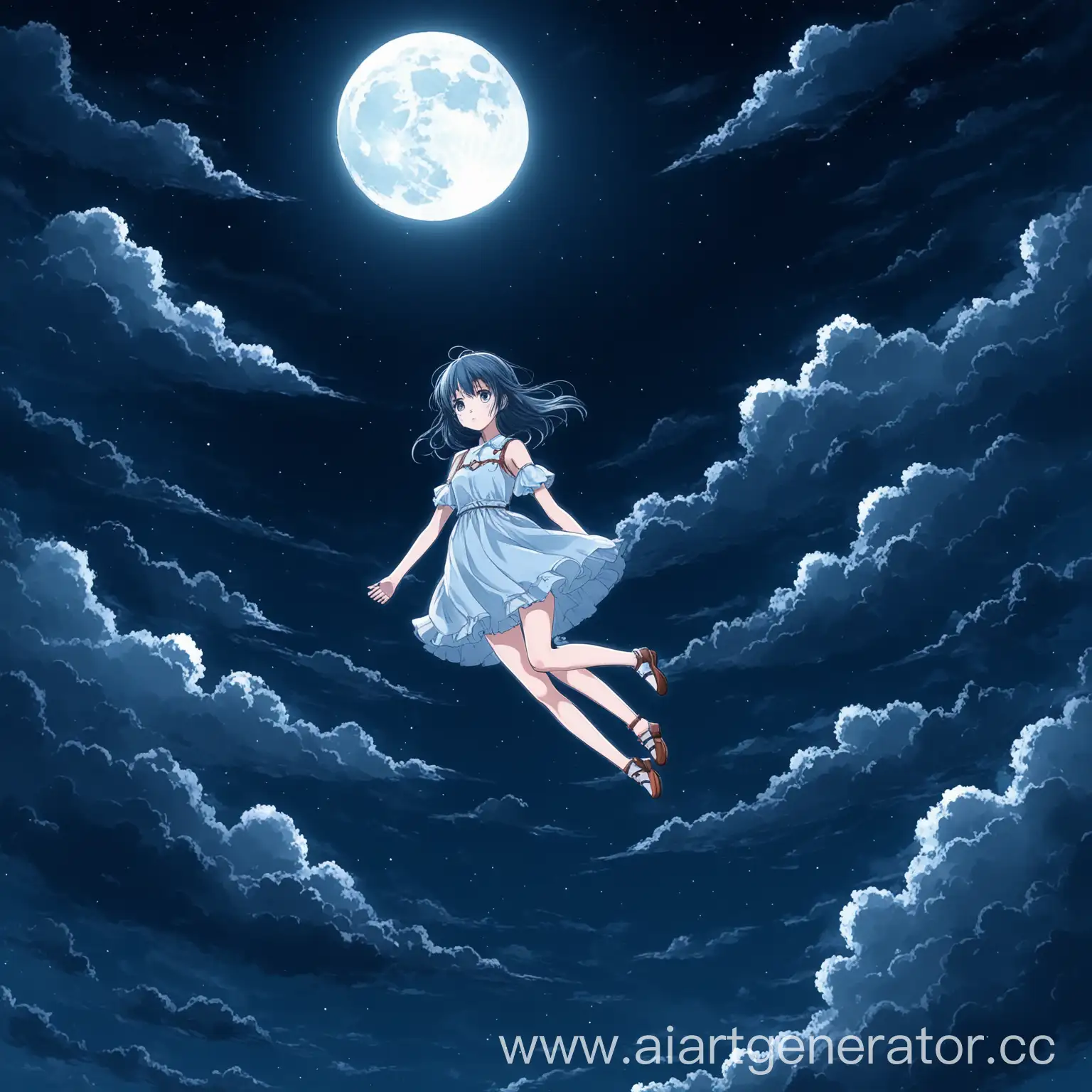 аниме девушка парит в облаках под луной