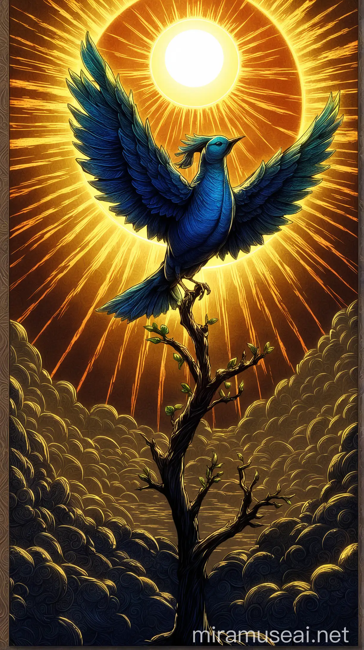 token of a beautiful mystical bird on a  background of the sun. Colors adds depth and richness to the scene. Textures and shadows make the picture more detailed. JoJo reference.