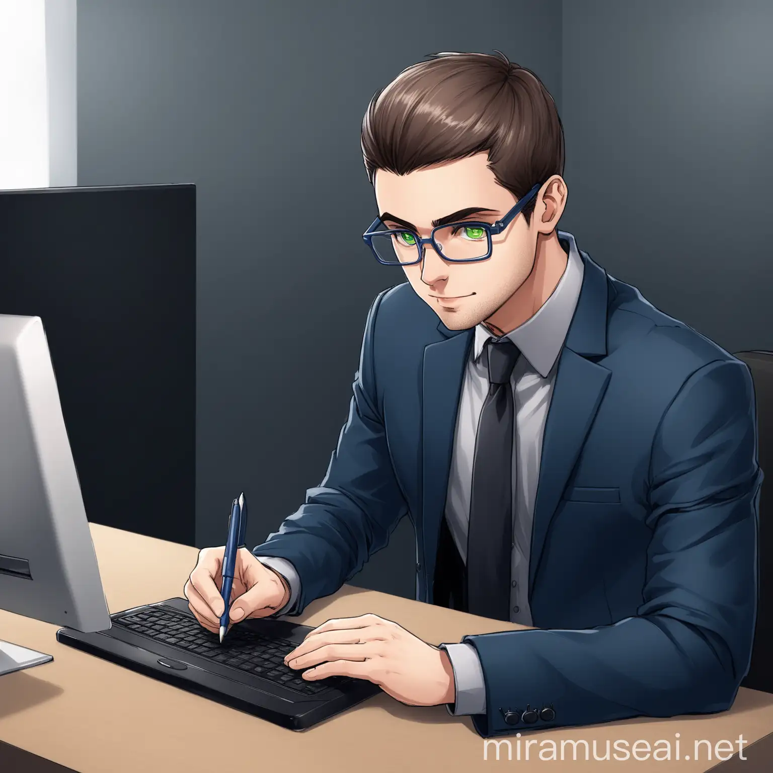 Young 30 year old european man with a small smile, very short brown hair, with some grey hair in the mix, with rectangular glasses, green iris eyes, wearing dark blue suits, black shirt, dark blue tie, working on a desk as project manager, writing on a PC, like case closed style, in a 3/4 view