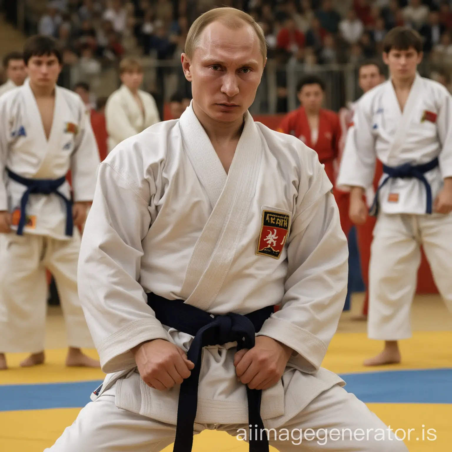 Image Prompt: A teenage Vladimir Putin in a judo uniform, engaged in a match, showing determination and focus.