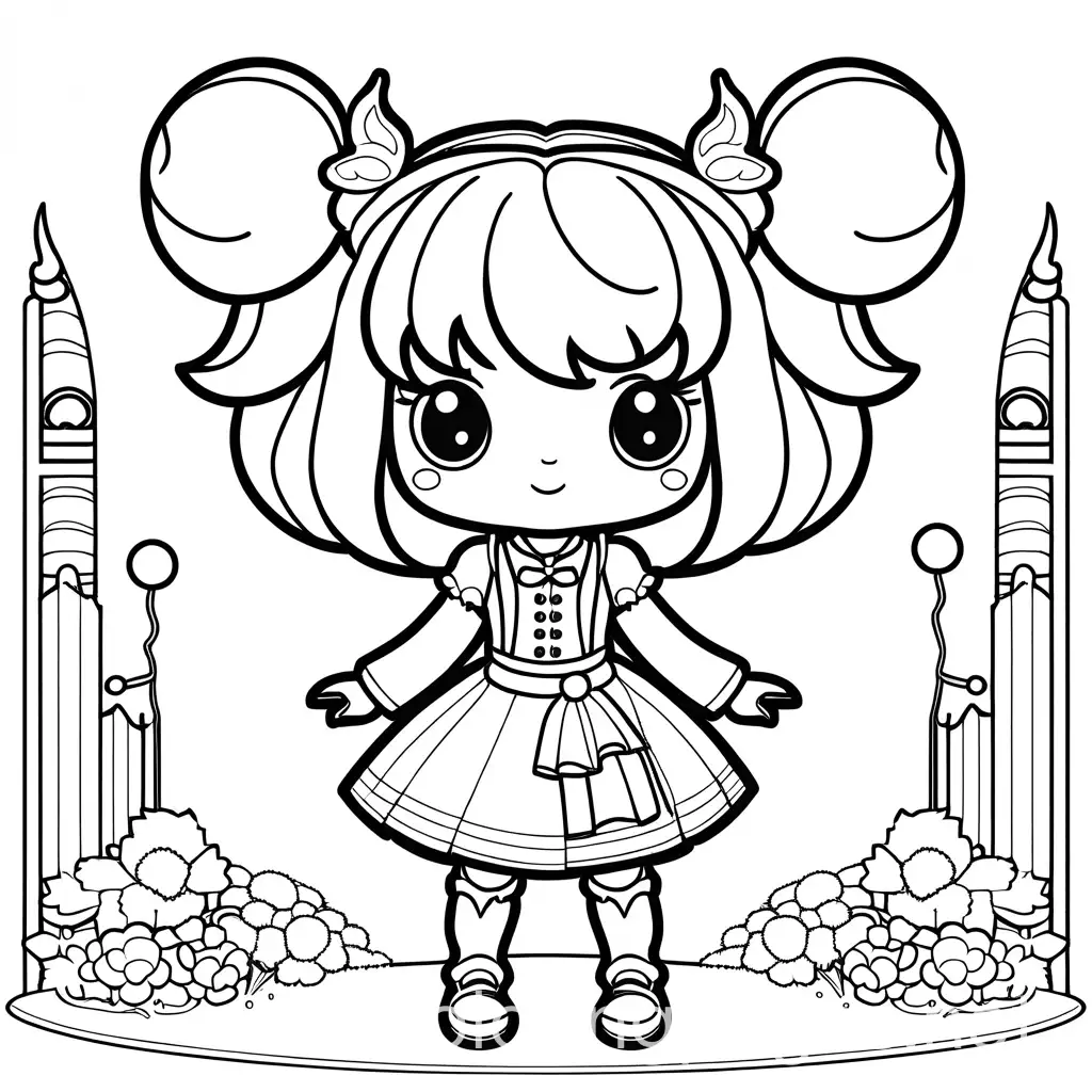 anime character , A magical girl wielding her powers in a fantastical world, Black and white coloring pages for kids, simple lines ,kawaii anime cute illustration drawing clip art character,, Coloring Page, black and white, line art, white background, Simplicity, Ample White Space. The background of the coloring page is plain white to make it easy for young children to color within the lines. The outlines of all the subjects are easy to distinguish, making it simple for kids to color without too much difficulty