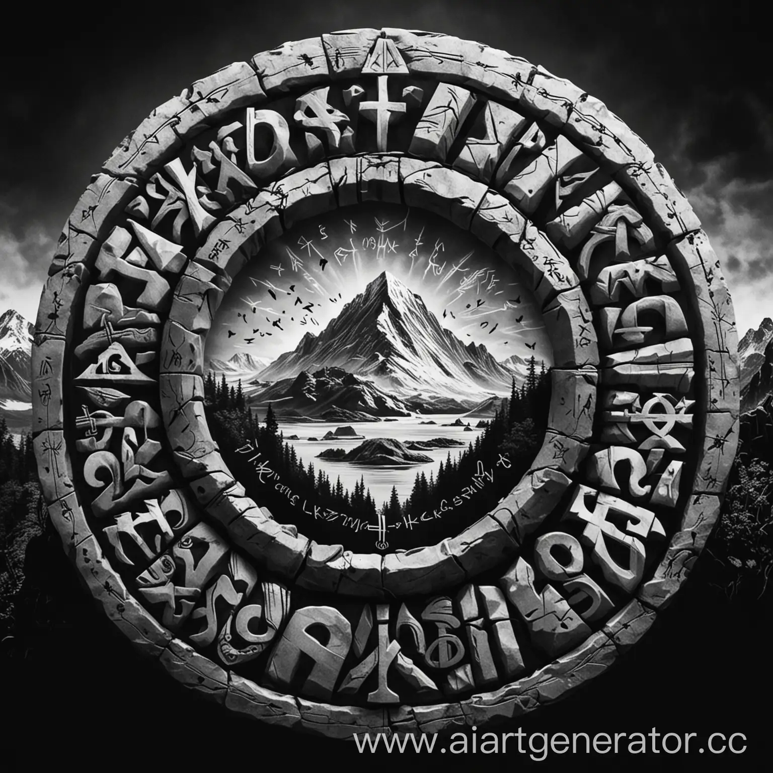 Mountain-Symbol-of-Peace-Monochrome-Runes-Encircle-Tranquil-Landscape