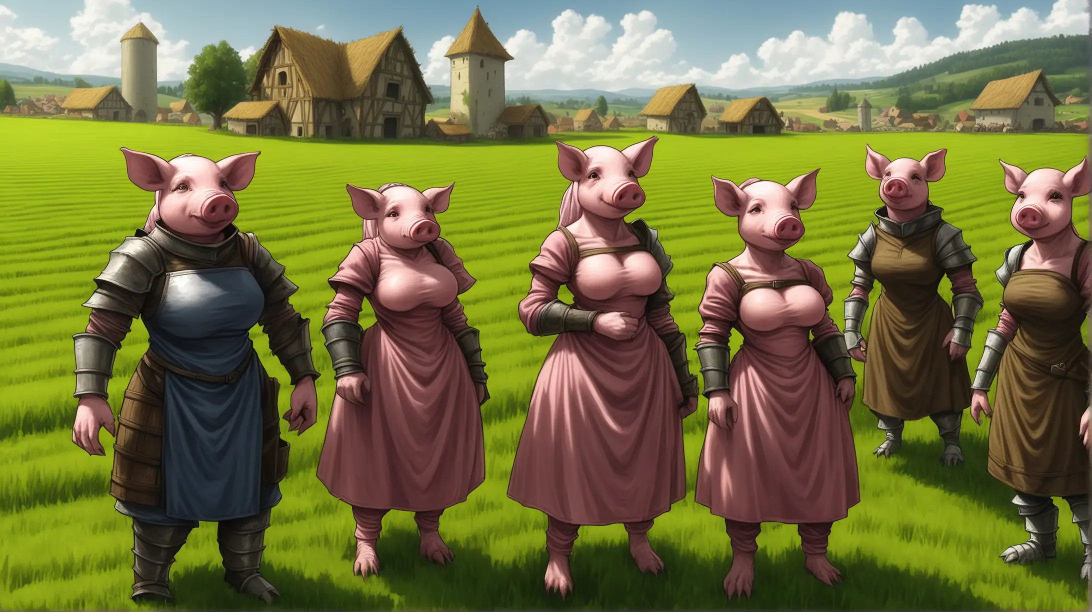 hybrid pigmen, hybrid pigwomen, hybrid boarmen, hybrid boarwomen, furry, farmland, Medieval fantasy