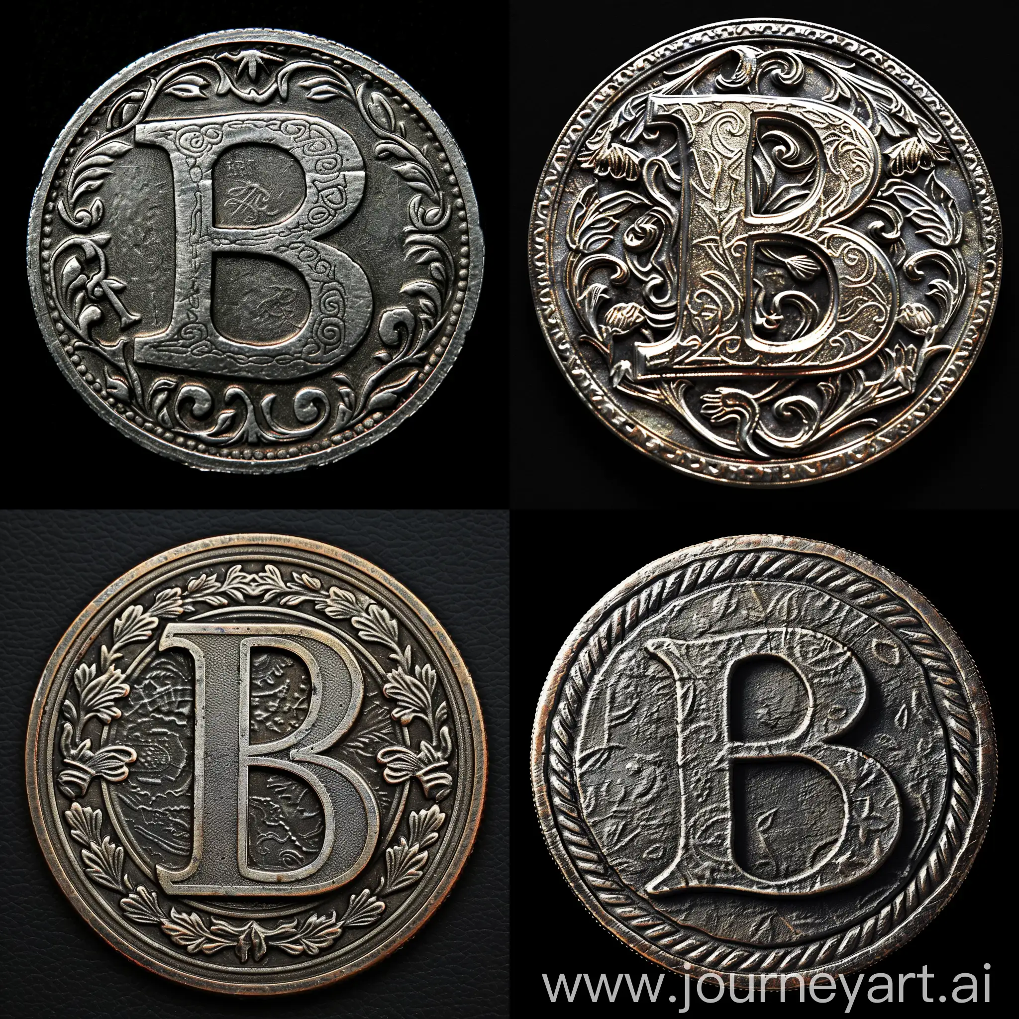 Letter B engraved on a coin on a black background, rtx, fullhd, detailed