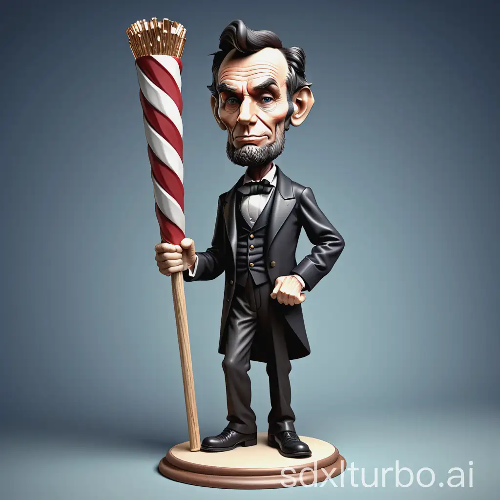 3D caricature style, Abraham Lincoln wearing his typical clothes, carrying the presidential baton. stand confidently