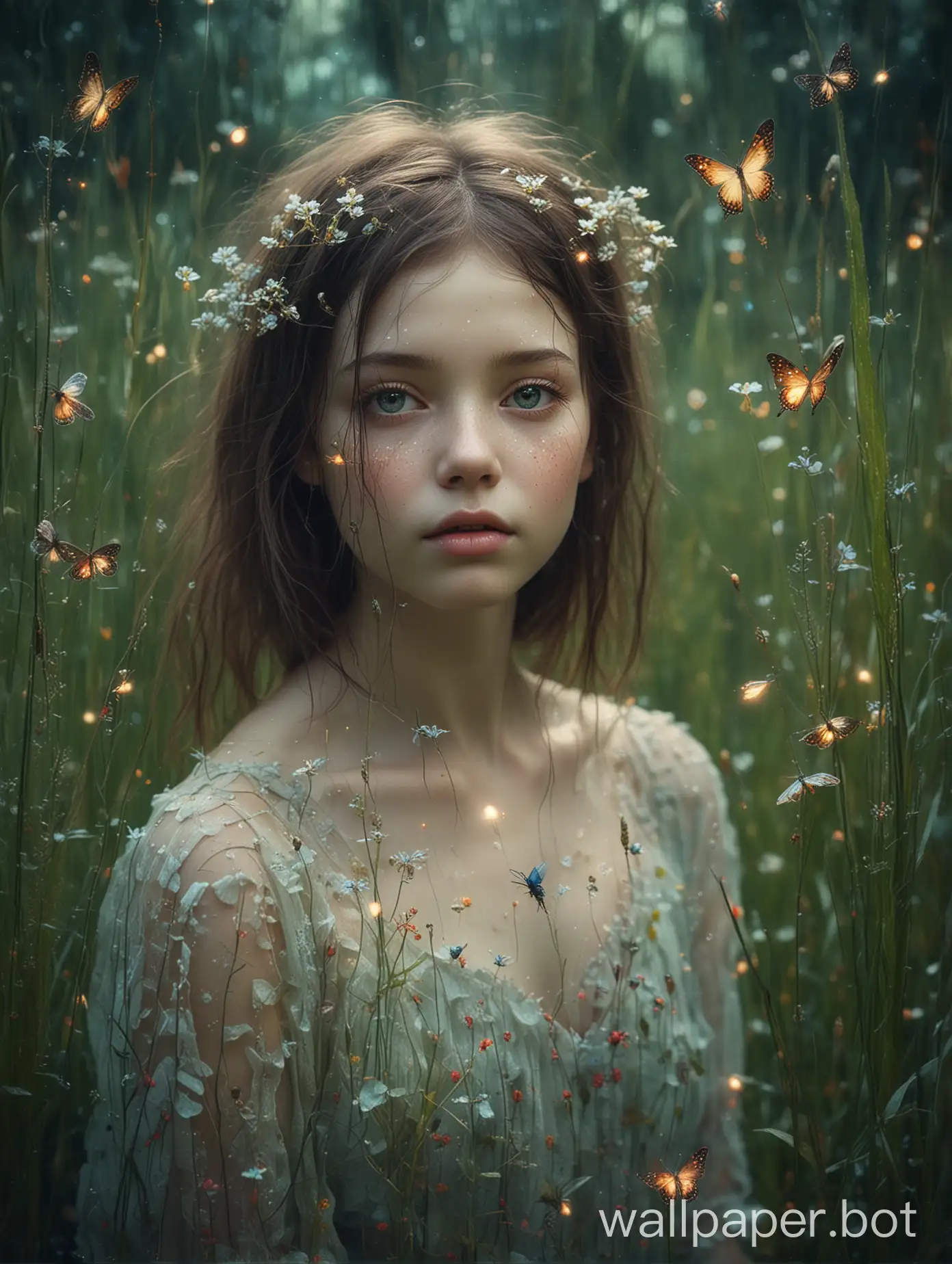 cracked vintage texture, impasto layer, double exposure, botanical background, meadow grasses and flowers, glowing mini fireflies, butterflies, shimmering soft neon tones, girl, tenderness and softness, natural makeup, style combination Nicoletta Ceccoli Tim Burton Jasmine Beckett-Griffith.