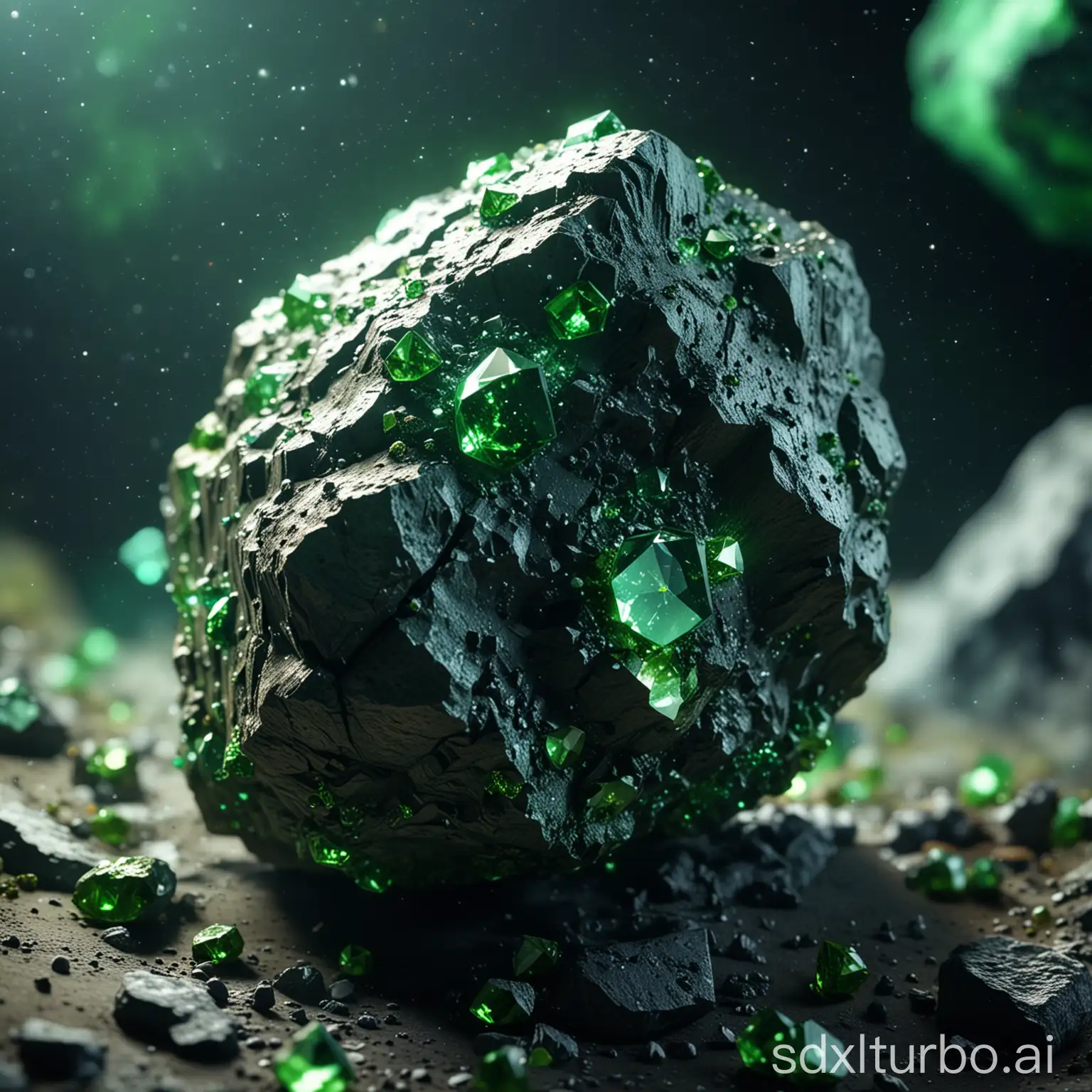 Ultra-HD-Photo-of-Green-Cubic-Crystals-on-Detailed-Asteroid-Surface