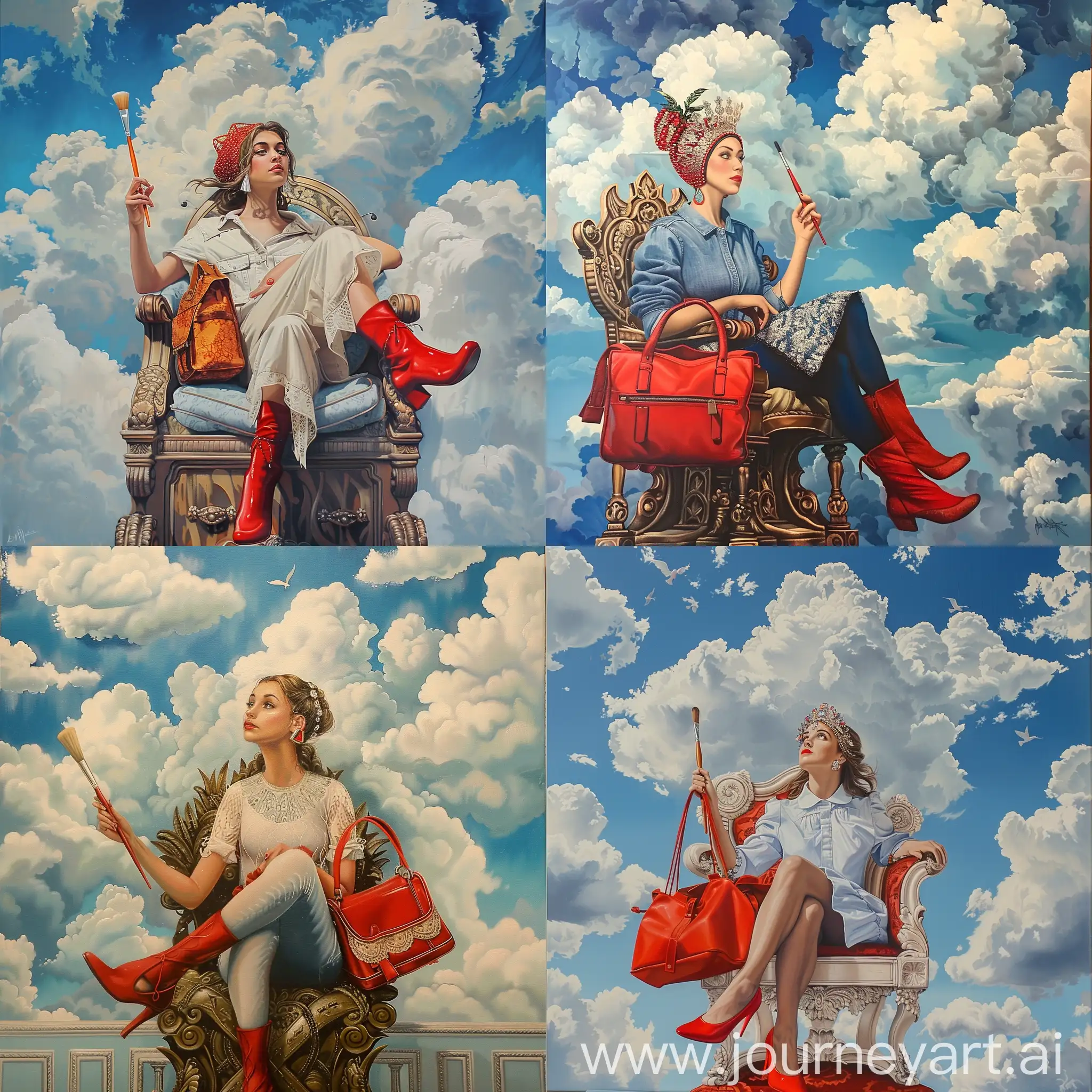 стильная живопись небо облака девушка сидит с сумкой в кокошнике на троне в красных туфлях кисть в руке

