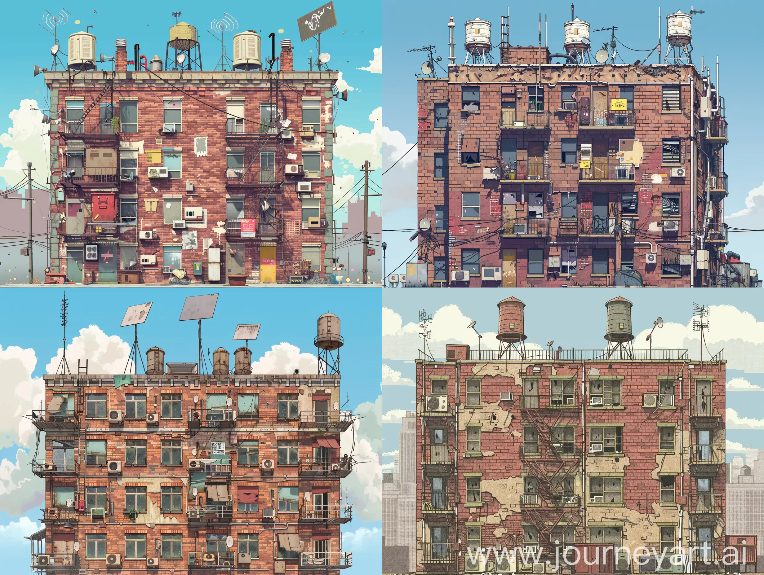 A dilapidated 3-story brick apartment building with TV antennas, water towers and air conditioners in 2D