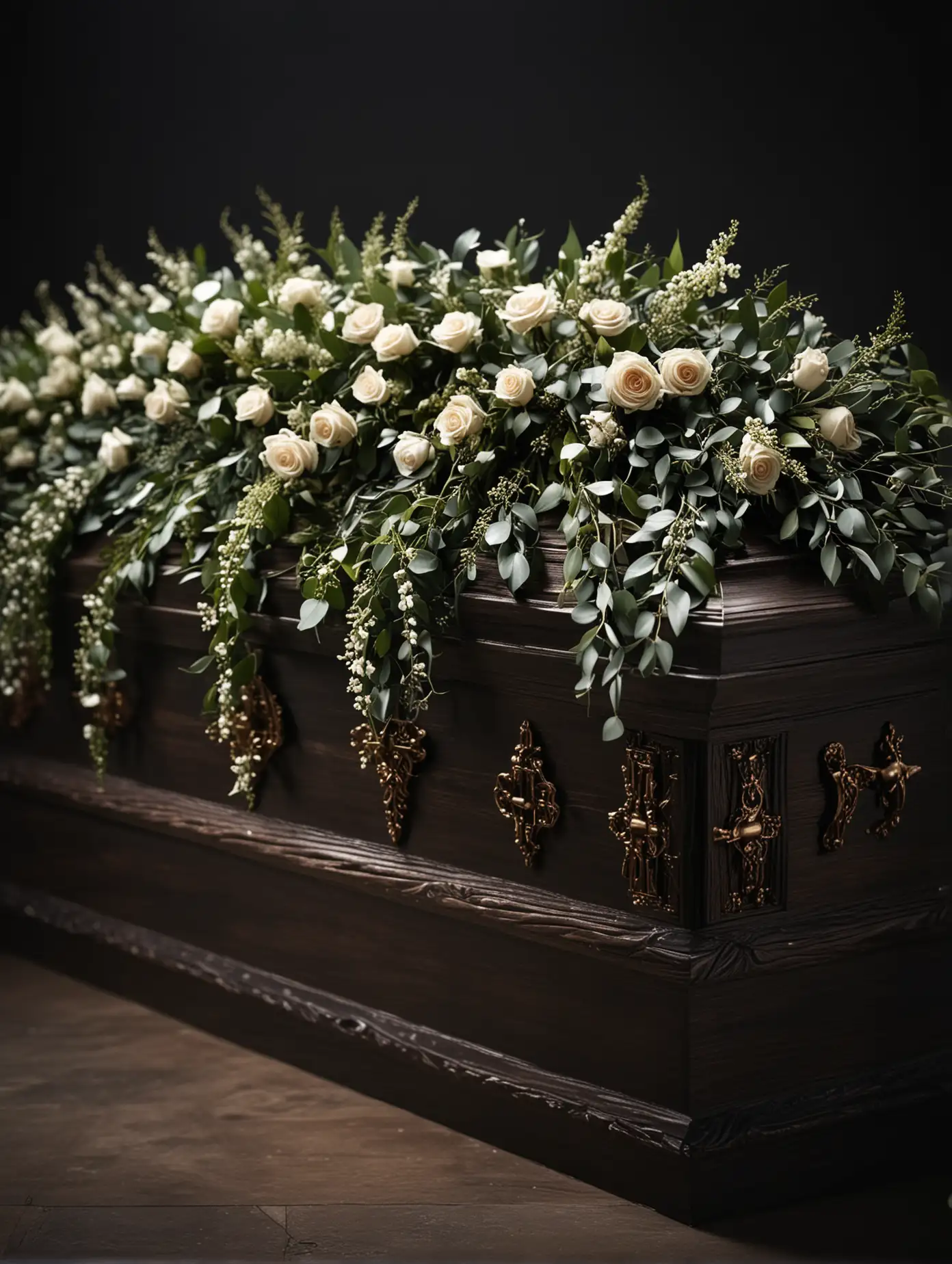 single dark bokeh light source, fragment of modern elegant coffin standing on a catafalque, callae lying on the coffin, coffin seen sideways at a sharp angle in perspective, solid blurred dark background