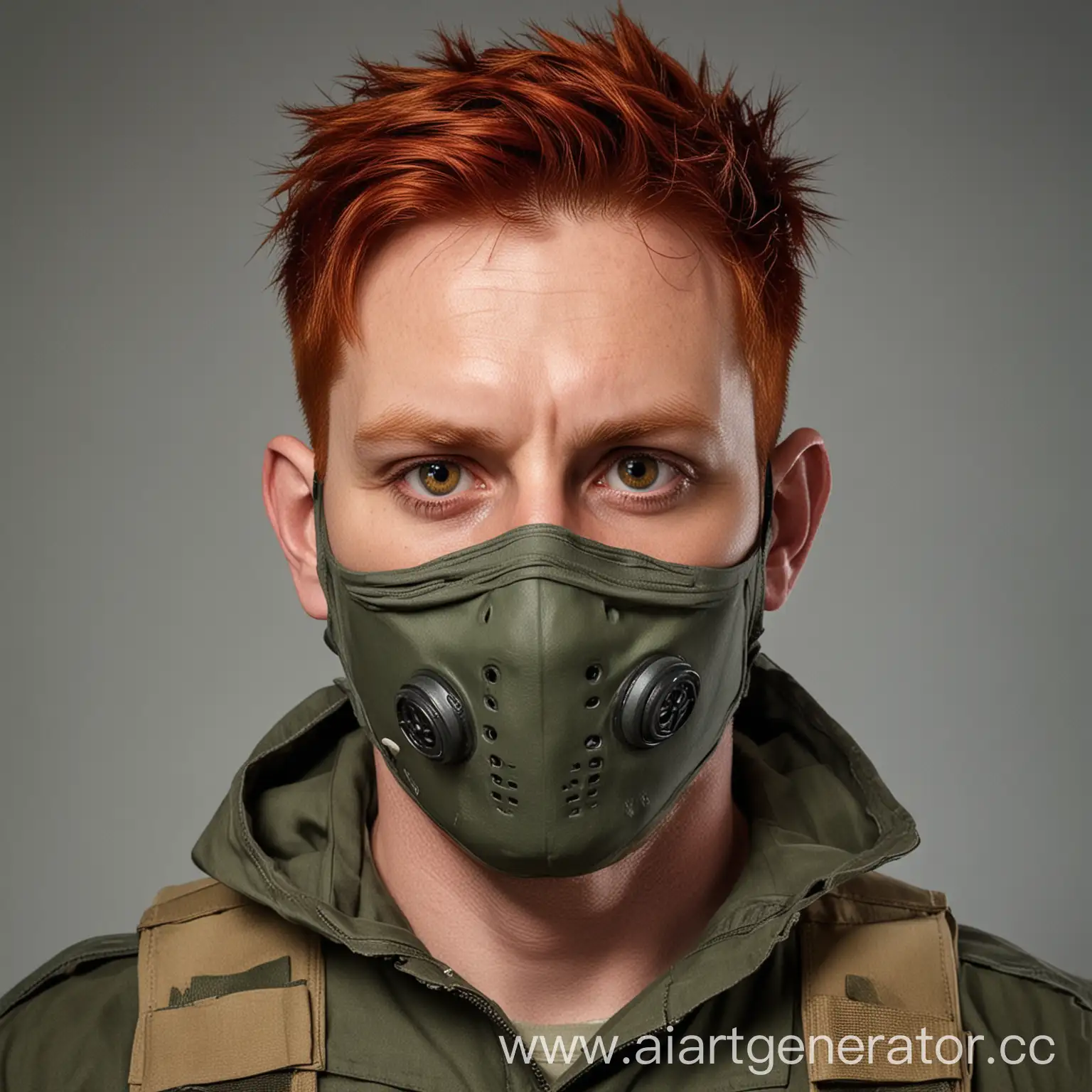 Man-with-Red-Hair-Wearing-Military-Mask-and-Intense-Eyes