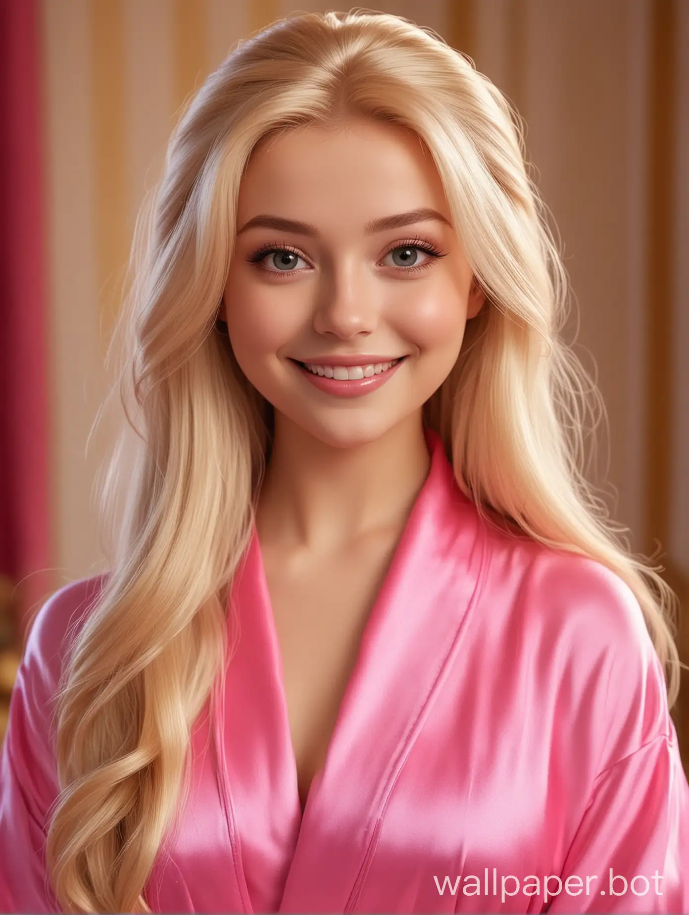 The realistic Disney cutie Alyonushka with loose long straight hair in a bright pink silk robe is smiling
