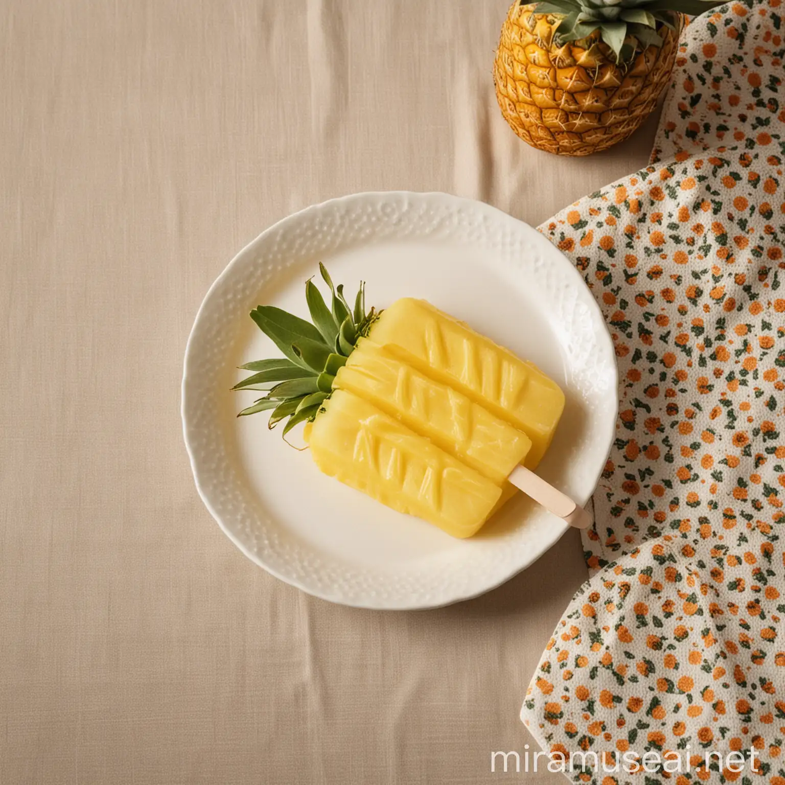 a pineapple popsicle in a plate on a table with a nice tablecloth