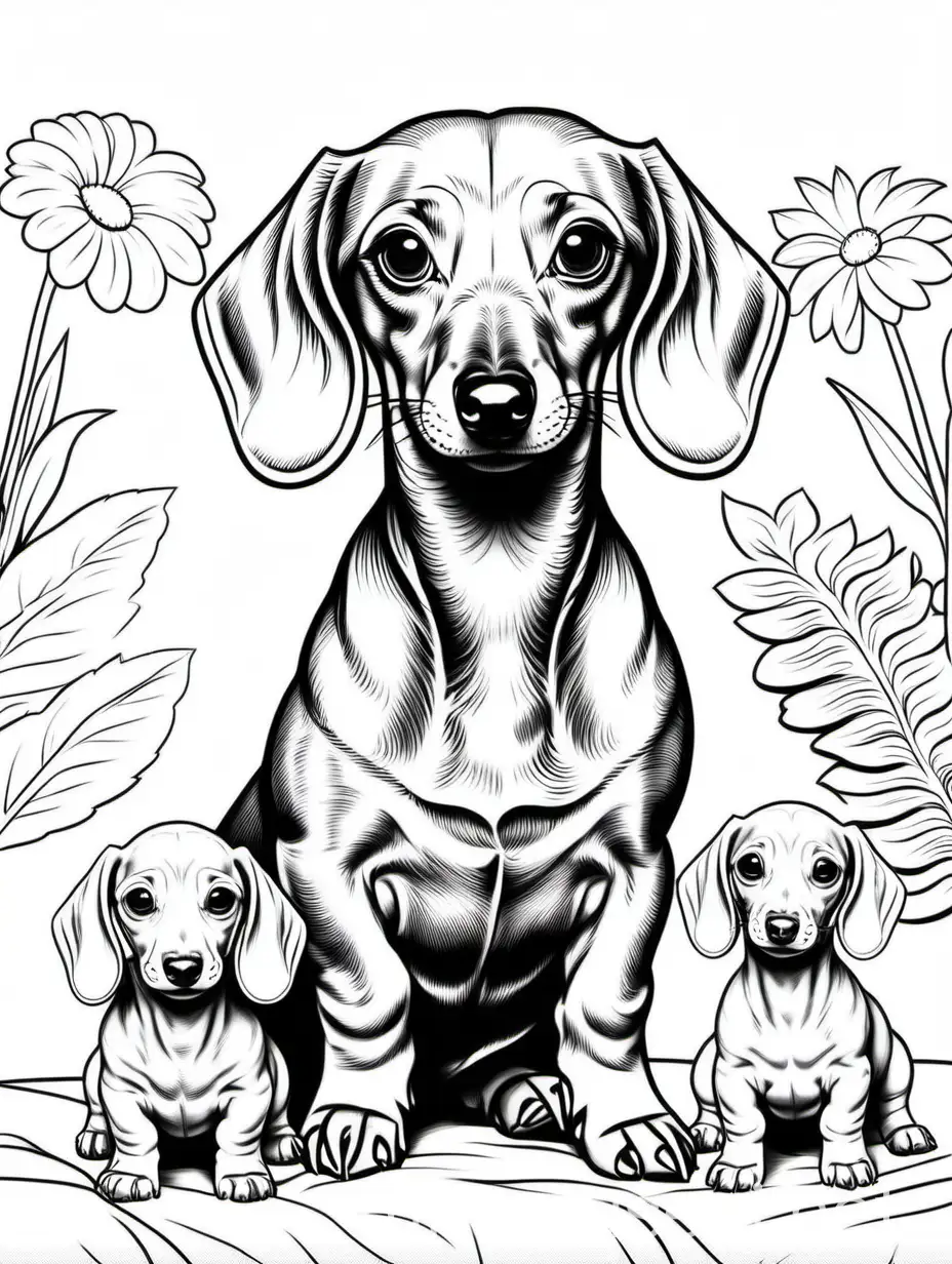 smooth-coated Dachshund in home with babies ,coloring book for adult
