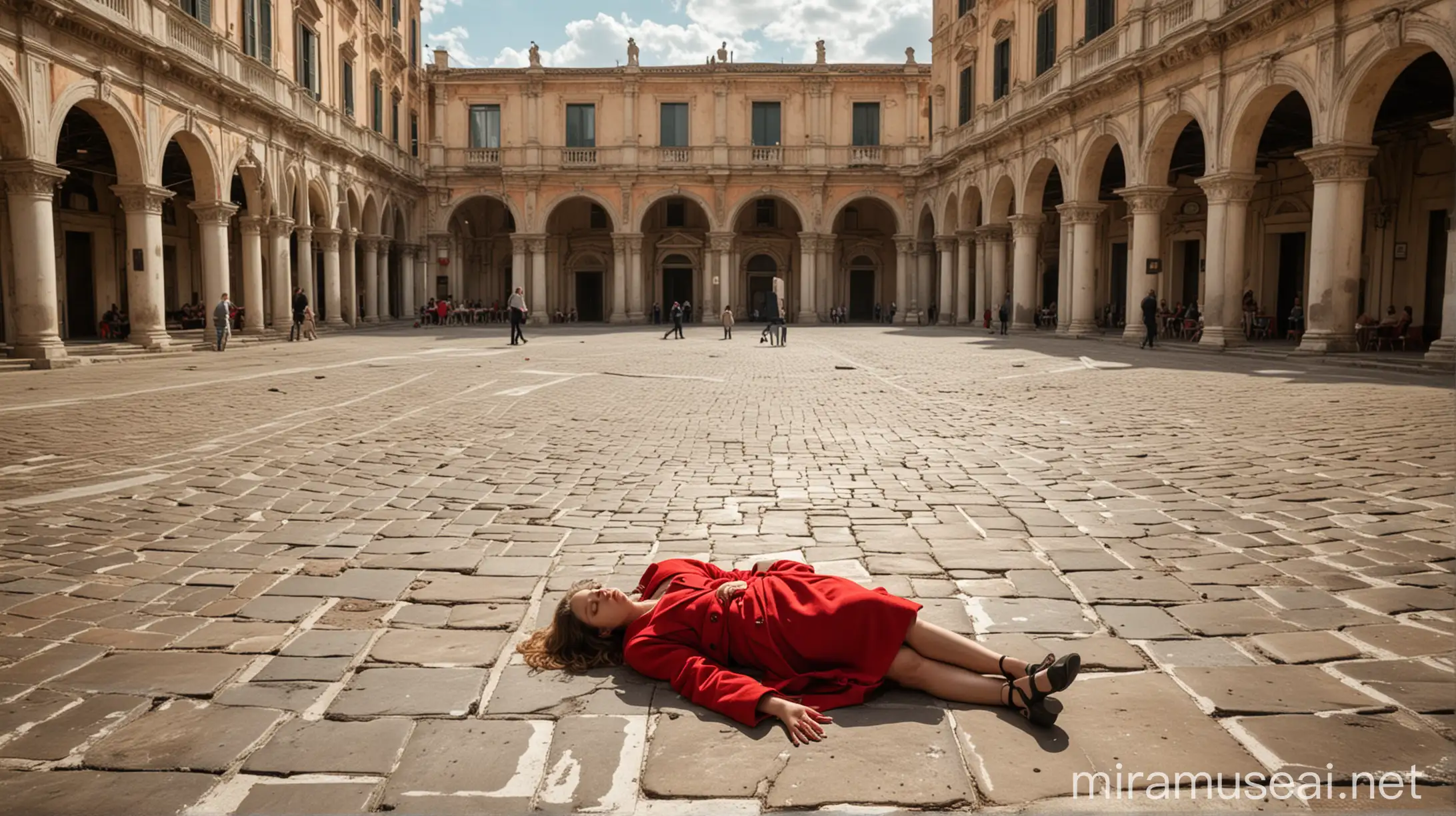 woman lying on the ground, with a red coat, in the center of a square of an Italian city, sun, around baroque buildings, de Chirico atmosphere