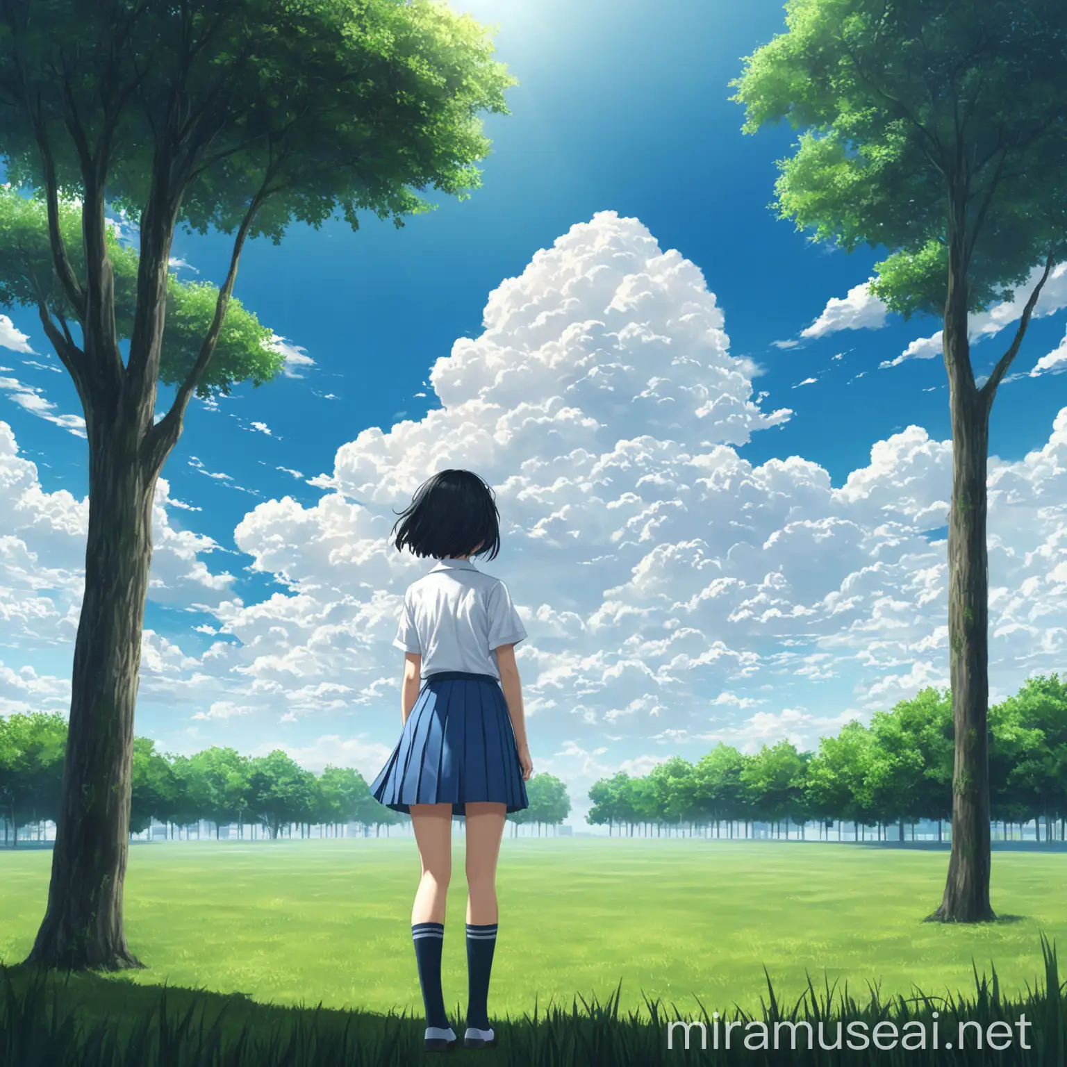 1girl, cloud, outdoors, sky, solo, scenery, skirt, day, grass, short_hair, blue_sky, black_hair, white_shirt, shirt, short_sleeves, cloudy_sky, blue_skirt, school_uniform, standing, from_behind, wide_shot, pleated_skirt, plant, socks, tree