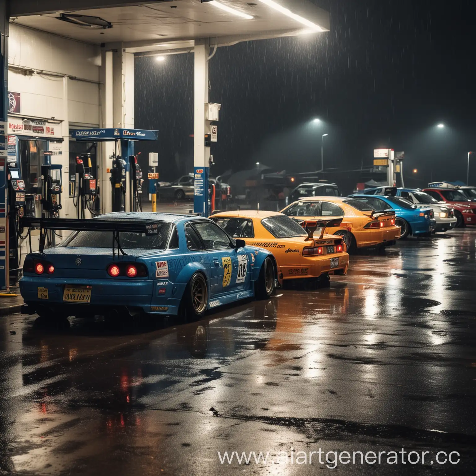 Drift-Cars-Parked-Overnight-in-Rain-at-Gas-Station