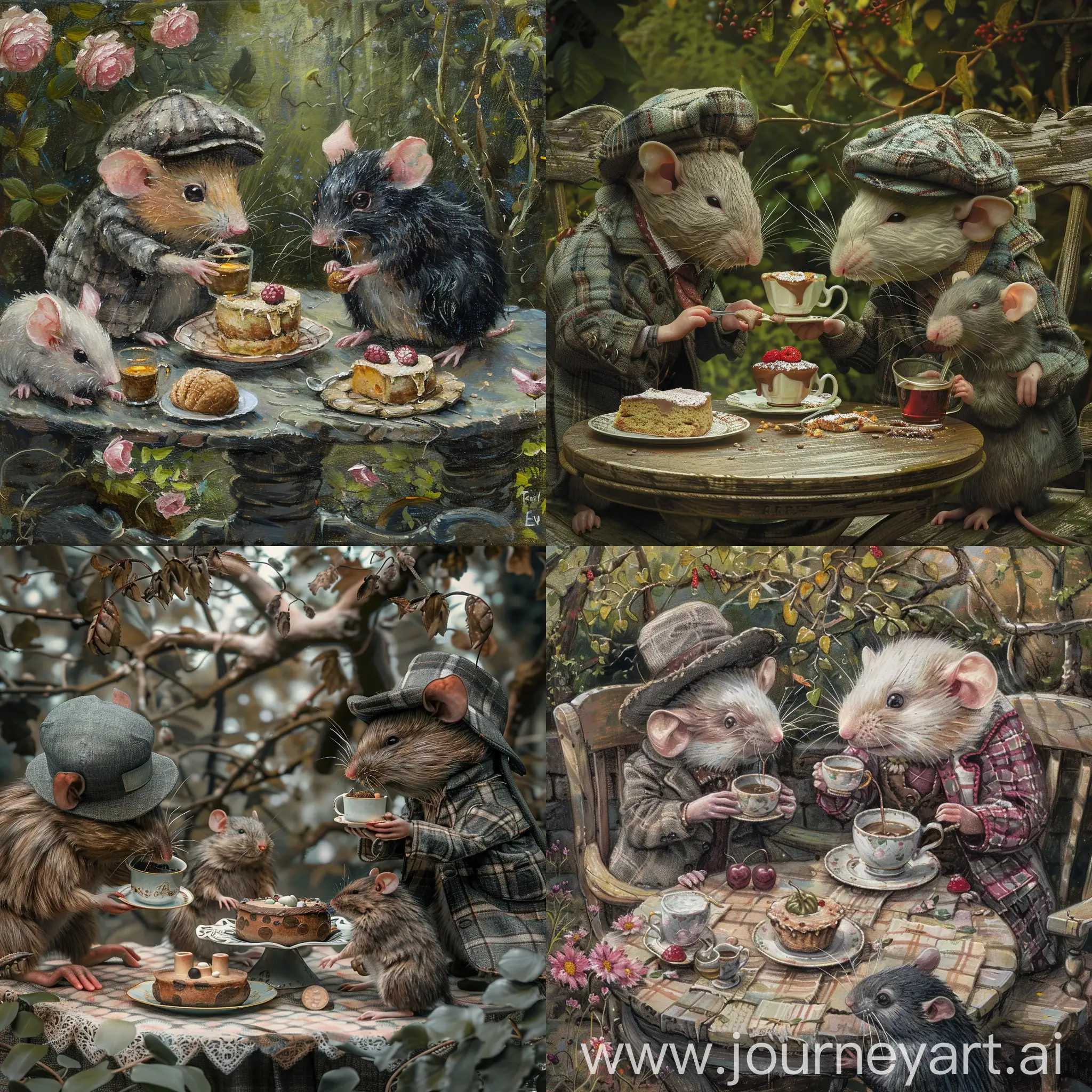Piglet in gray tweed cap drinking cacao and eating cake, in the company with cute baby girl rat and baby boy mole with black fur, in idyllic garden, in the style of Beatrix Potter 