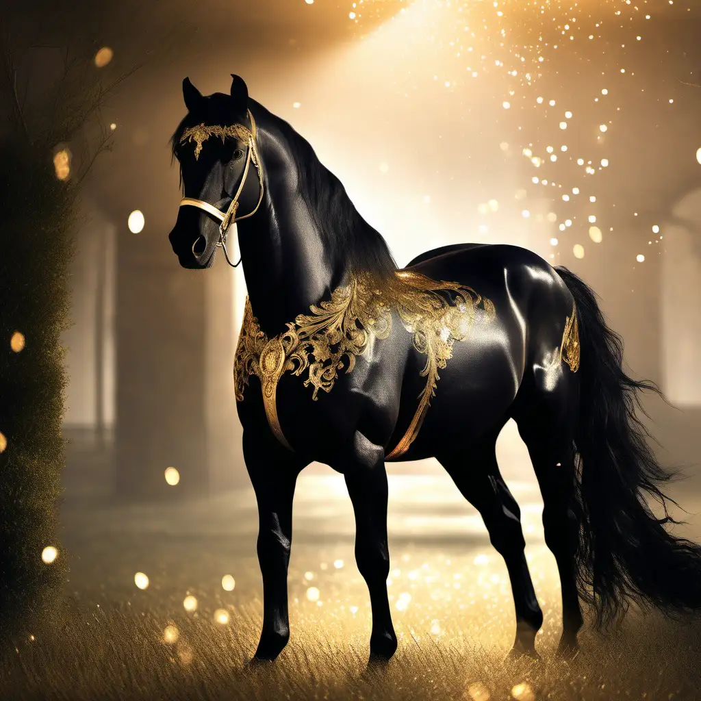 Create a stunning black horse with golden embellishment, beautiful luxurious surroundings and striking light from above, a beautifull moment of bliss and stillness