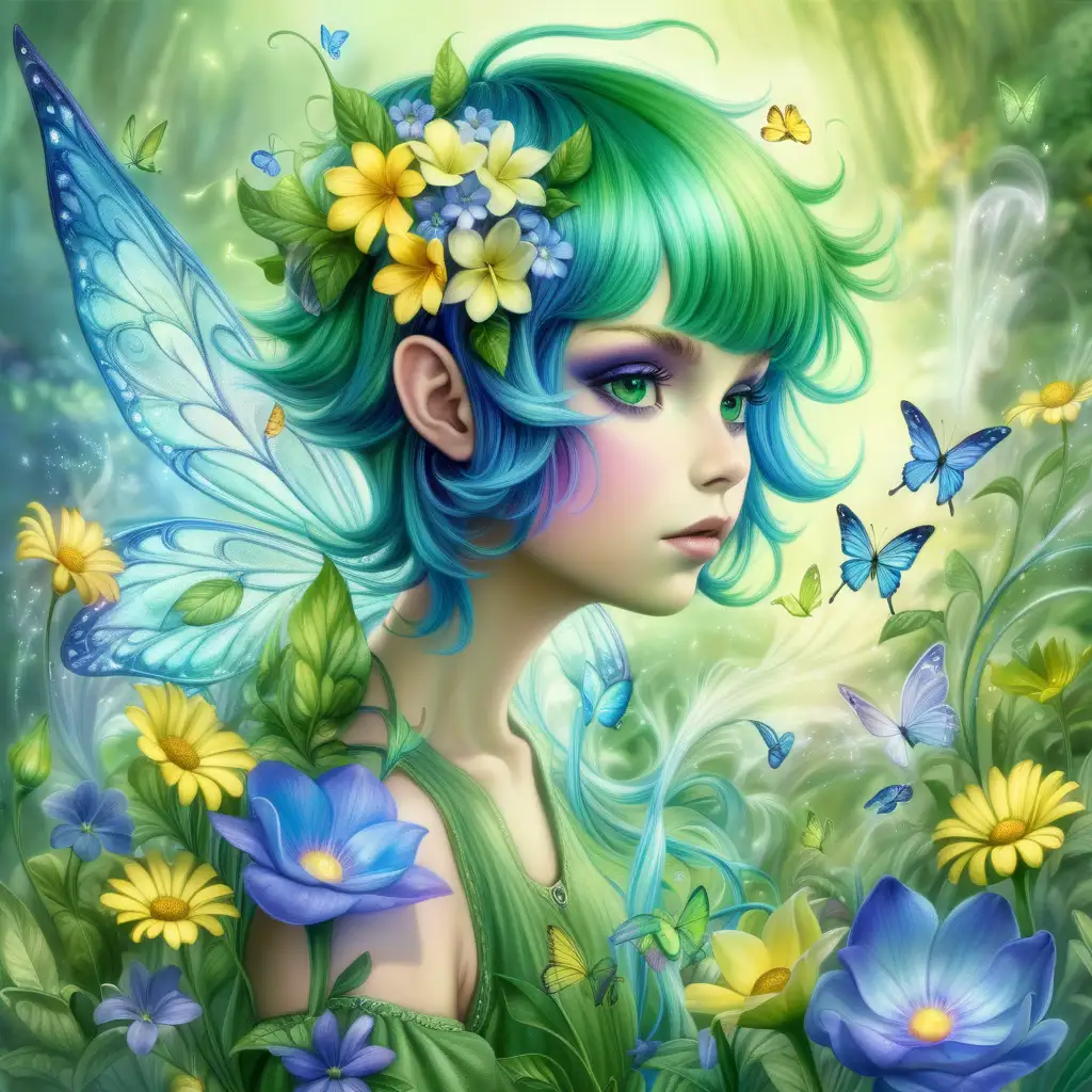 an image of fantasy and mysical that has a fairy blowing an array of flowers she has green pixie hair and the colours used are hues of green , blue, indigo  and yellow