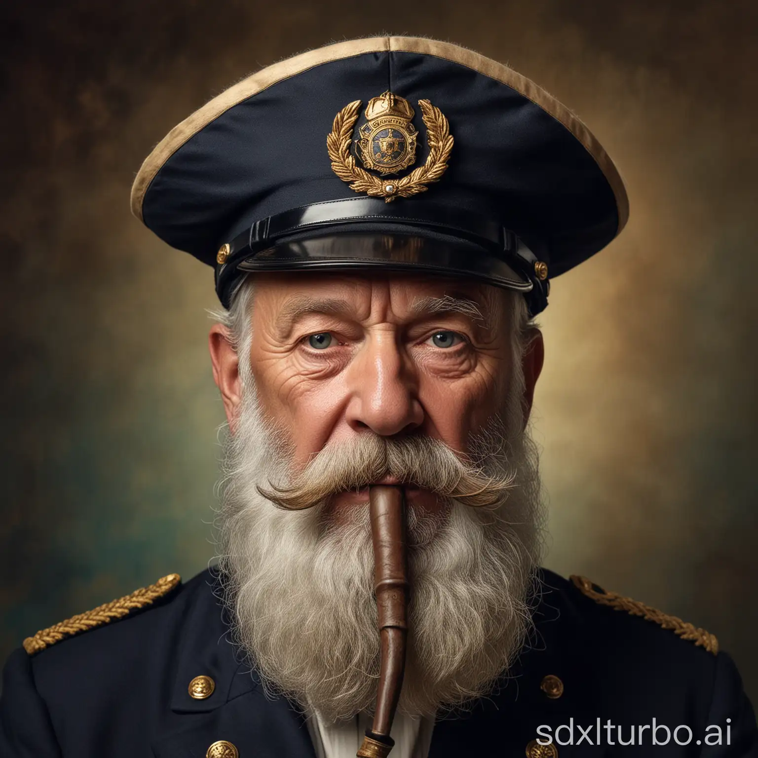 Foto superscharf. Porträt von einem alten Kapitän mit Pfeife im Mund und einer Kapitänsmütze. Er soll einen Vollbart haben, das Gesicht ist faltig.