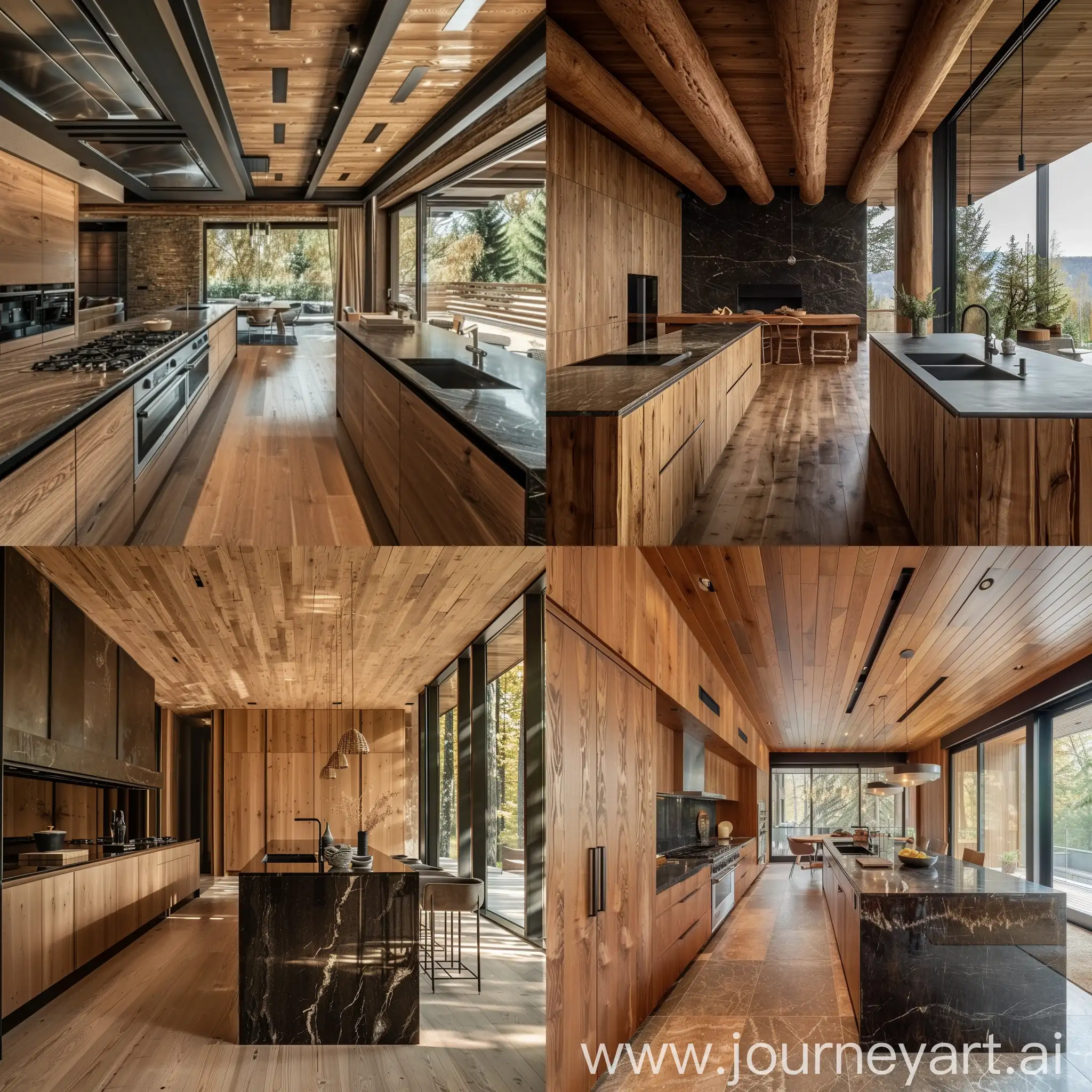 Modern-Cedar-Kelo-Log-House-Kitchen-with-Island-and-Sliding-Windows