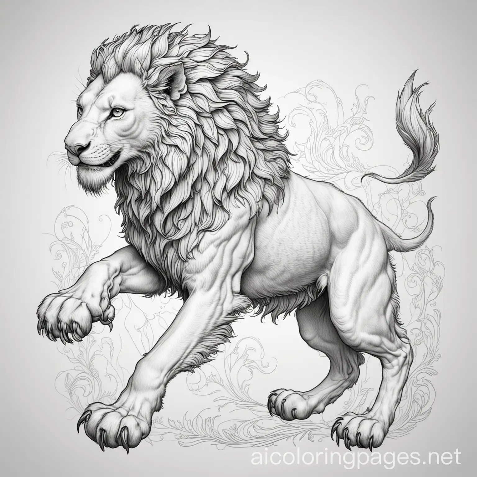 Playful griffin with a lion's body, Coloring Page, black and white, line art, white background, Simplicity, Ample White Space. The background of the coloring page is plain white to make it easy for young children to color within the lines. The outlines of all the subjects are easy to distinguish, making it simple for kids to color without too much difficulty