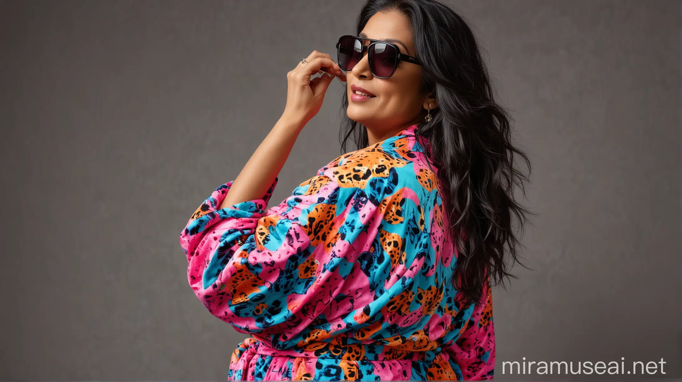 Mature Indian Woman in Neon Velvet Panther Print Bathrobe and Sunglasses