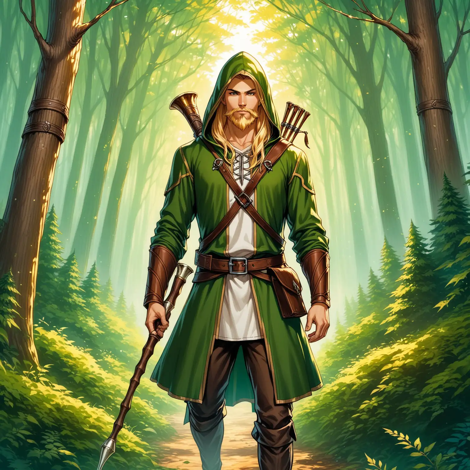 lean young man, pointy beard, long blond hair, hood, archer, hunting horn, forest, fantasy art