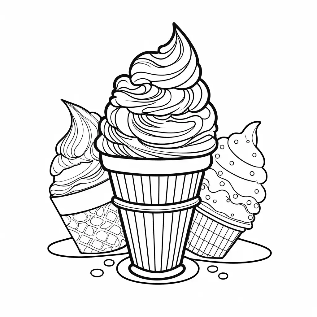 Ice cream, Coloring Page, black and white, line art, white background, Simplicity, Ample White Space. The background of the coloring page is plain white to make it easy for young children to color within the lines. The outlines of all the subjects are easy to distinguish, making it simple for kids to color without too much difficulty