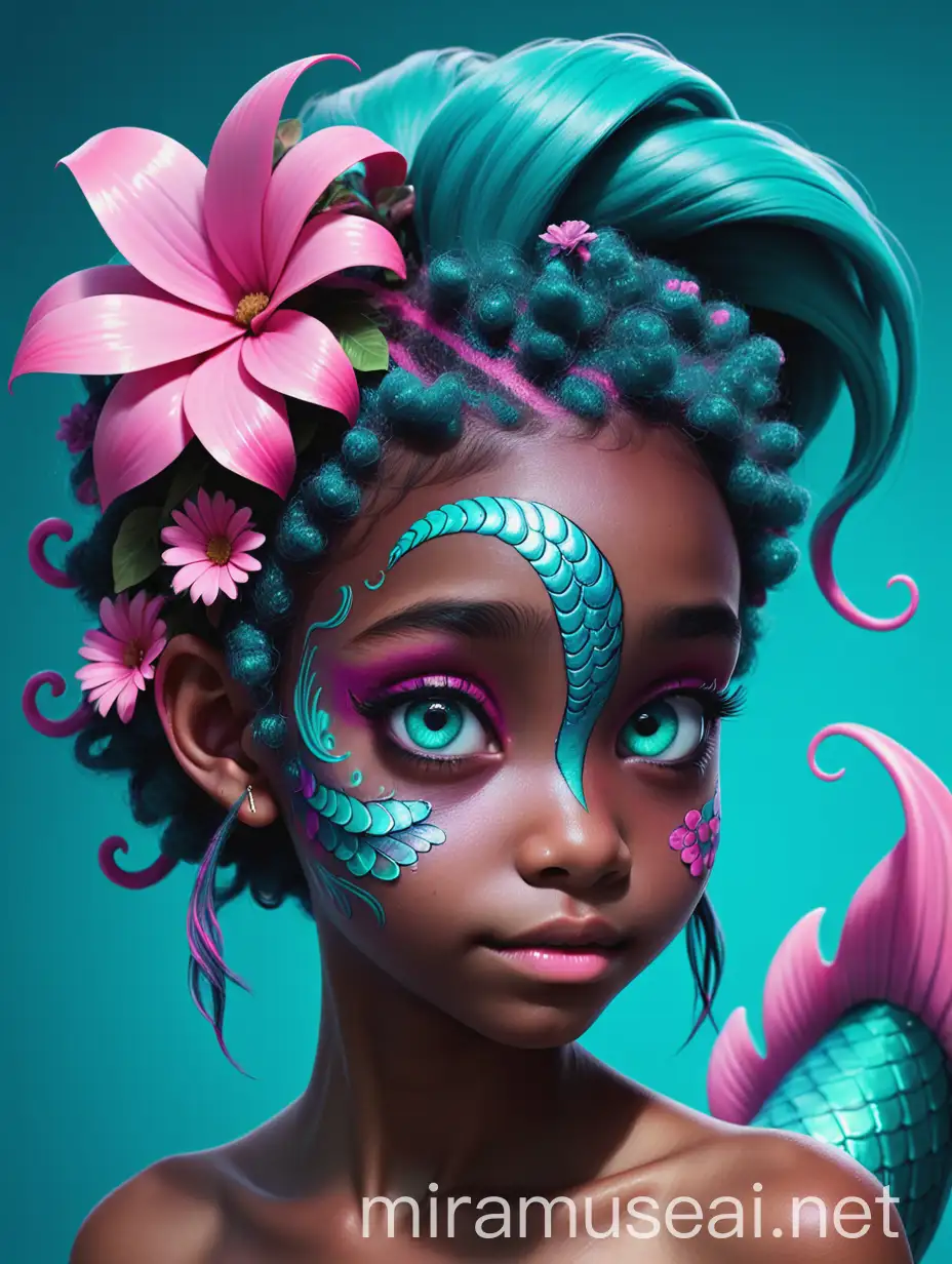 A black teenager with scales on her face has long coily  teal, and aqua blue with pink streaks hair that reached over her tail and very very thick, cyan eyes and dark brown skin with a teal tail with pink streaks and many floral like fins. 