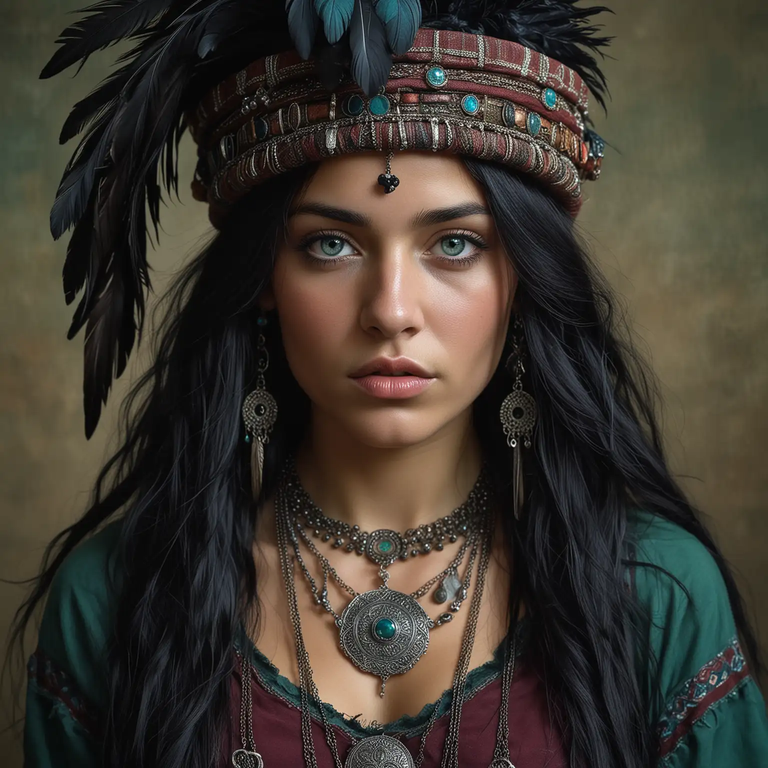 Romani girl called Eldra Roberts, a Proud Welsh gypsy, from the book Eldra with long black hair, piercing blue eyes, black crow feathers hat, dark green an burgundy clothes, celtic, necklaces,  a hyperrealistic painting inspired by lee jeffries, zbrush central contest winner, hyperrealism, steven mccurry portrait, photography alexey gurylev, alessio albi