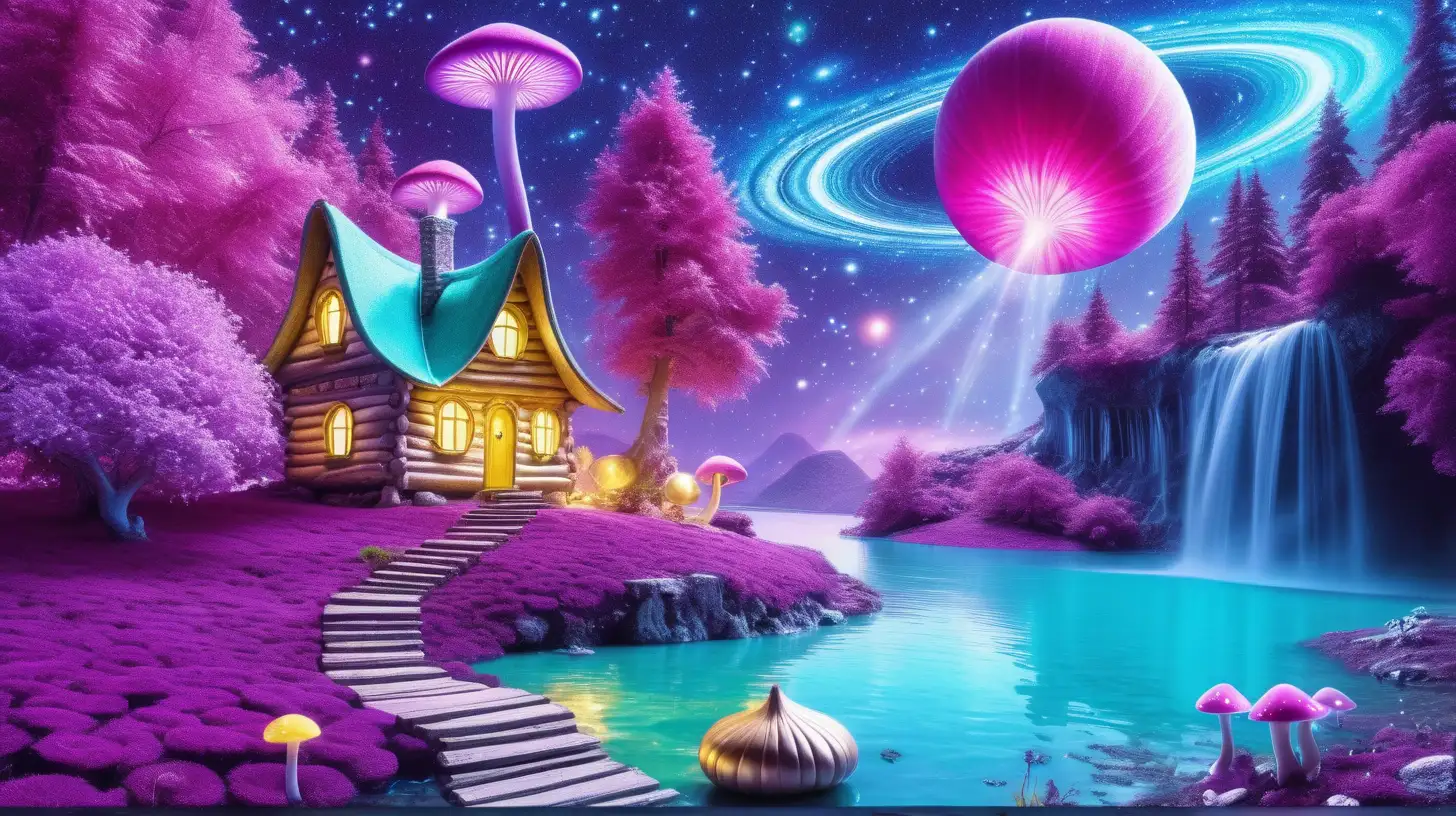 florescent fairytale pumpkins with cute cottage mushroom house of Orange and Purple and golden-magenta in golden dust and a magical turquoise glowing lake and waterfall of luminescent  magenta flowers, giant magenta-fire planet in the sky among galaxies.