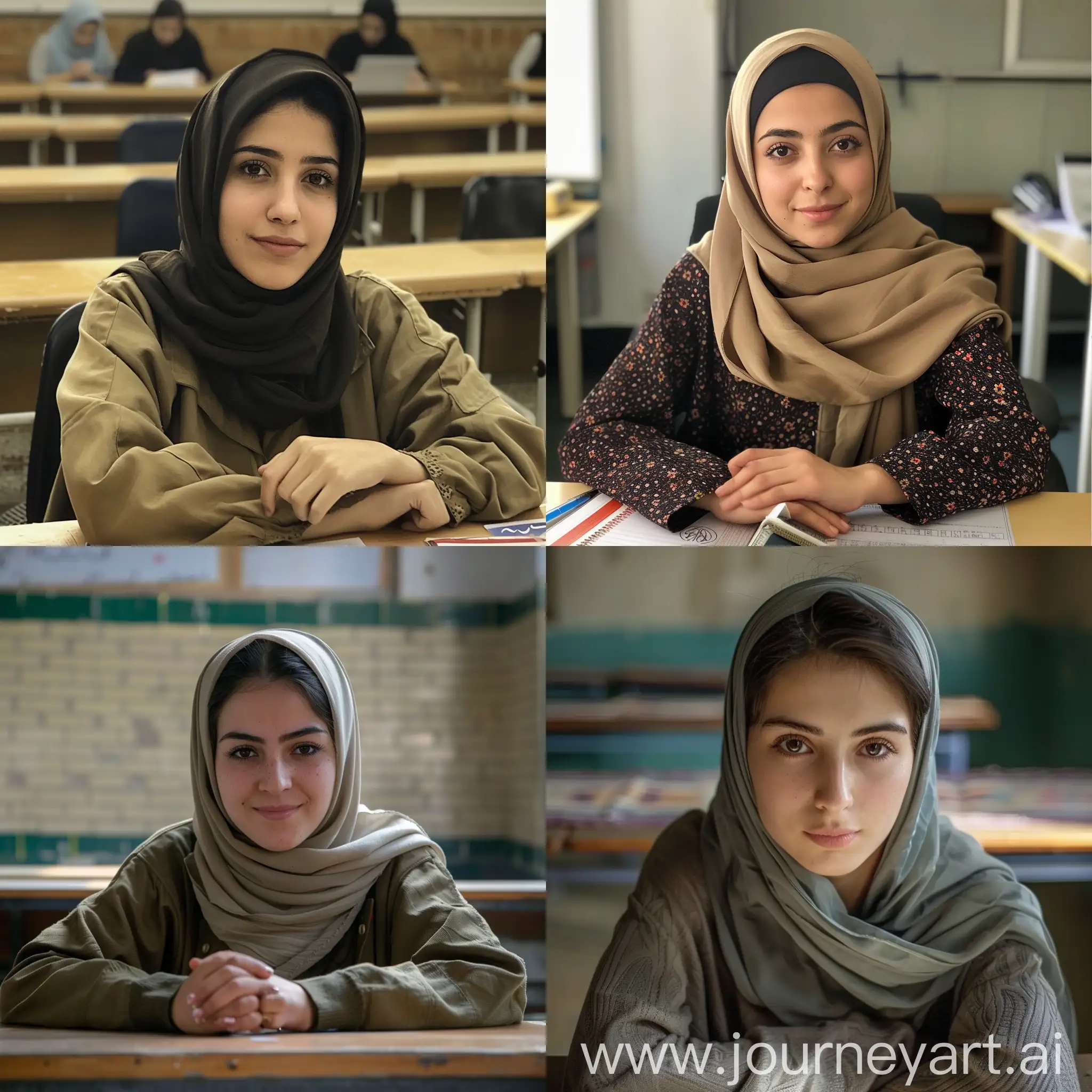 An Iranian girl with a hijab, about 25 years old, is sitting behind the desk and is a teacher