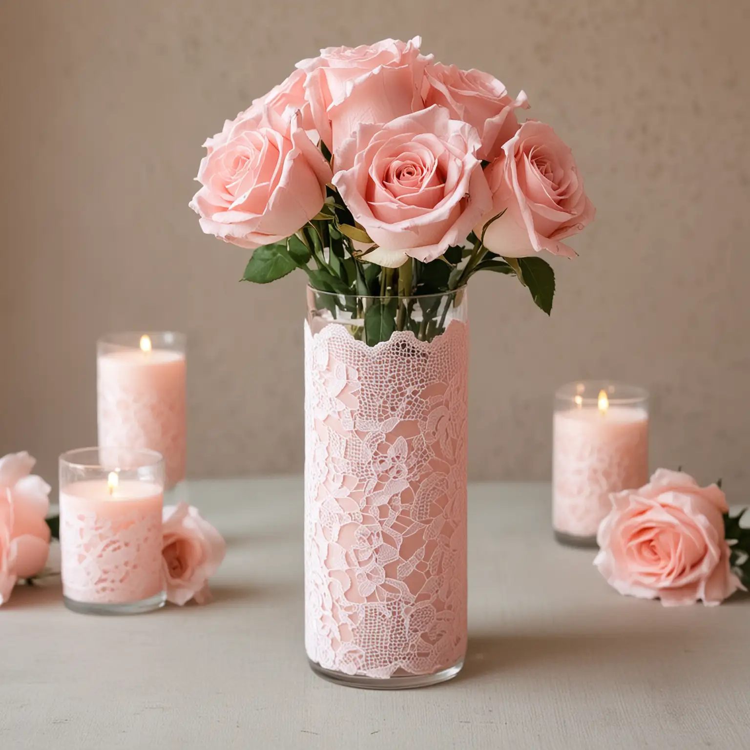 simple cylinder glass vase wedding centerpiece DIY covered with beautiful blush pink lace with blush pink roses