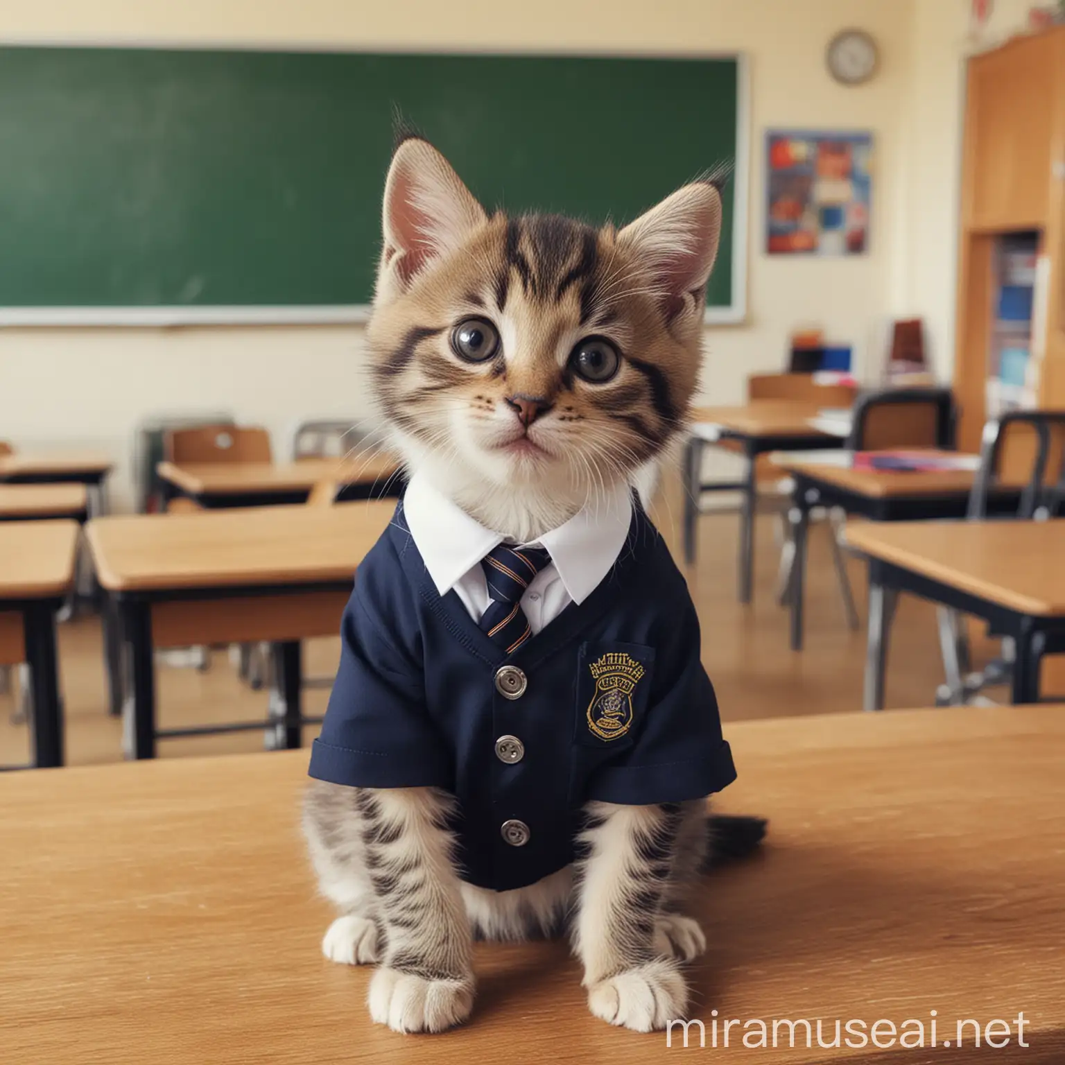 Image of a kitten, preparing for school, in a school uniform,in aclassroom setting 