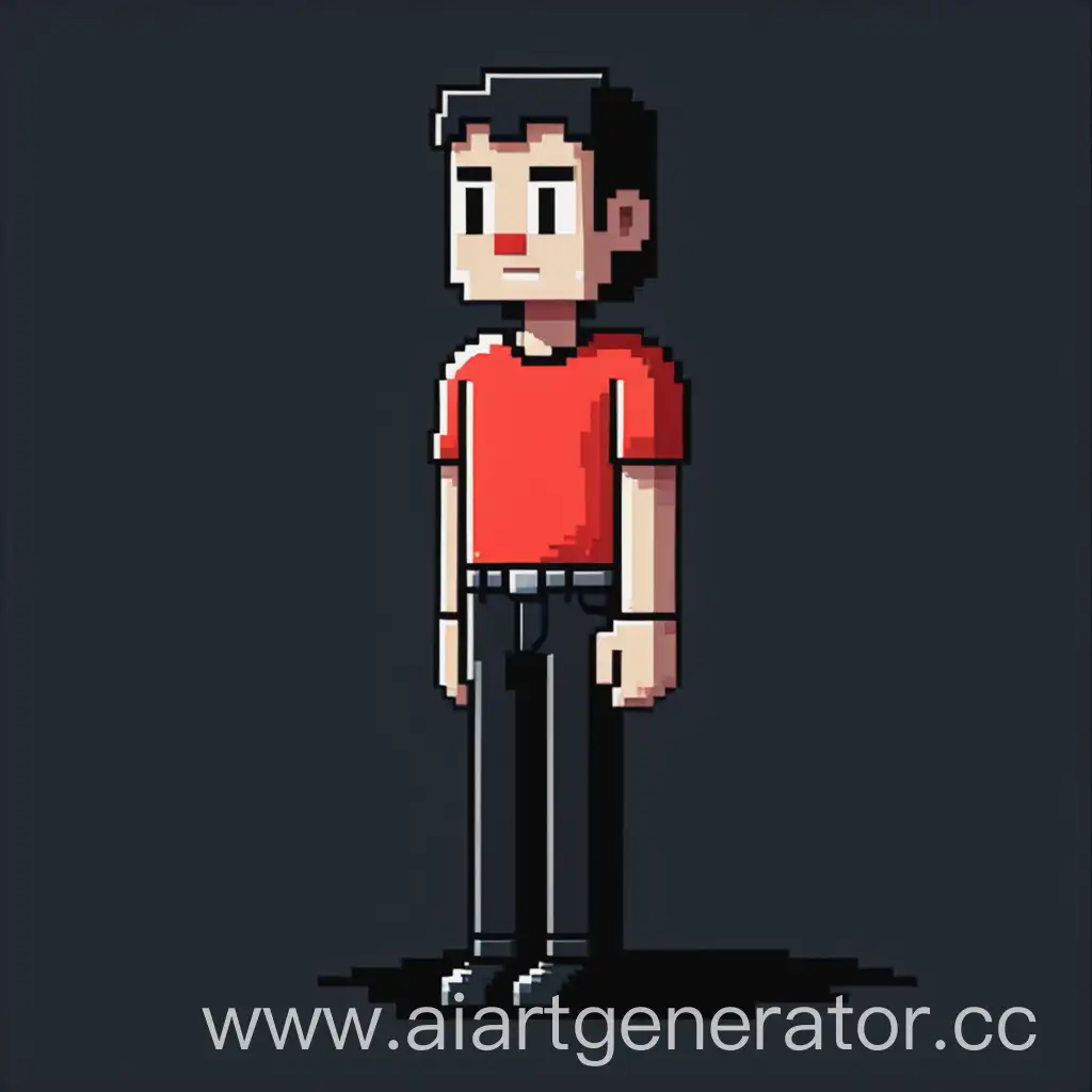 a small pixel man in a red shirt and black pants 2D