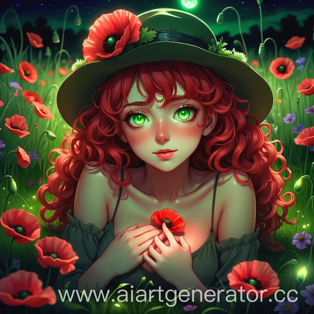 Изображение в аниме стиле. На нем изображена девушка с кудрявыми рыжими волосами в шляпе, которая лежит на траве вокруг цветов. На груди девушки лежит цветок мак и светится красным цветом. Ночное время. У девушки зеленые глаза. Руки девушки лежат на груди и держат цветок мак.