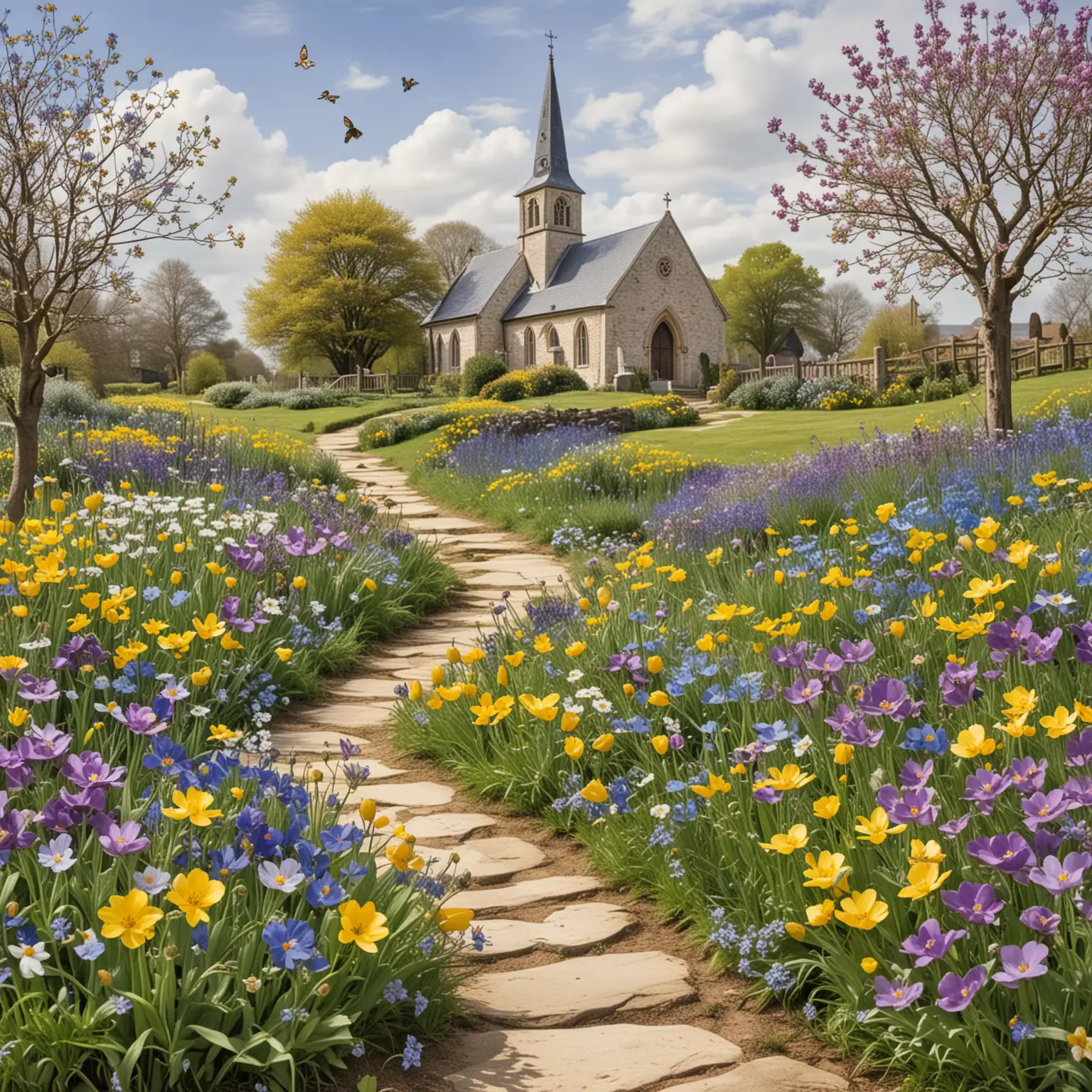 Easter Card horizontal shape showing a garden with wild easter flowers - purple, blue and yellow with buttercups. In the background have a small church design and a path with flowers leading to the church.
