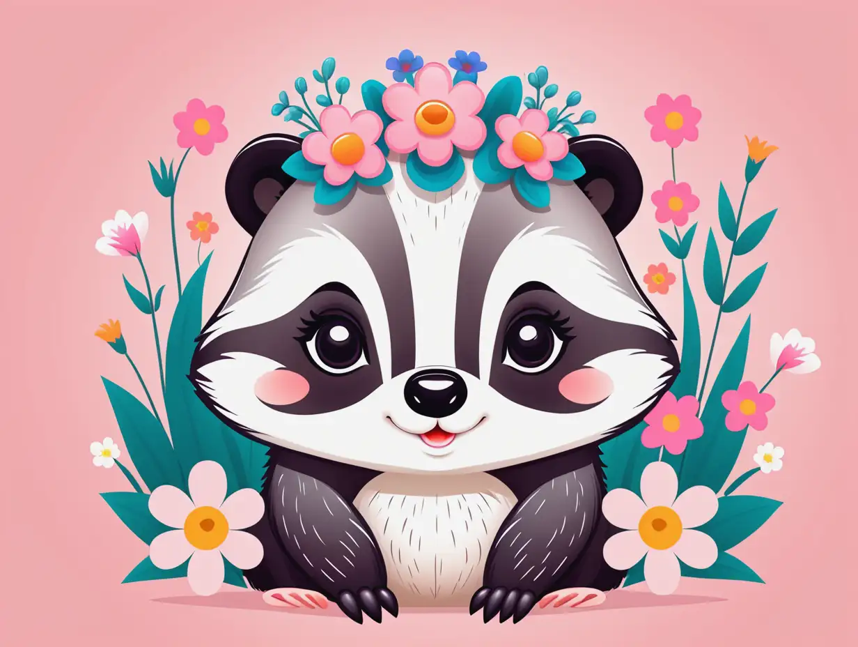 Cute Kawaii Style Female Badger Surrounded by Flowers