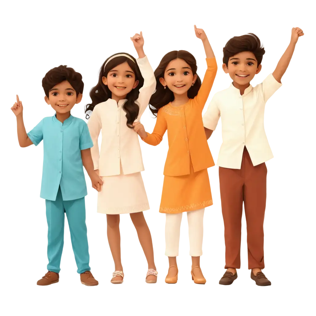 generate a vector School Eid Milan party image. In which children celebrating Eid party at School.  boys wearing kurta shalwar and girls in Eid dress.