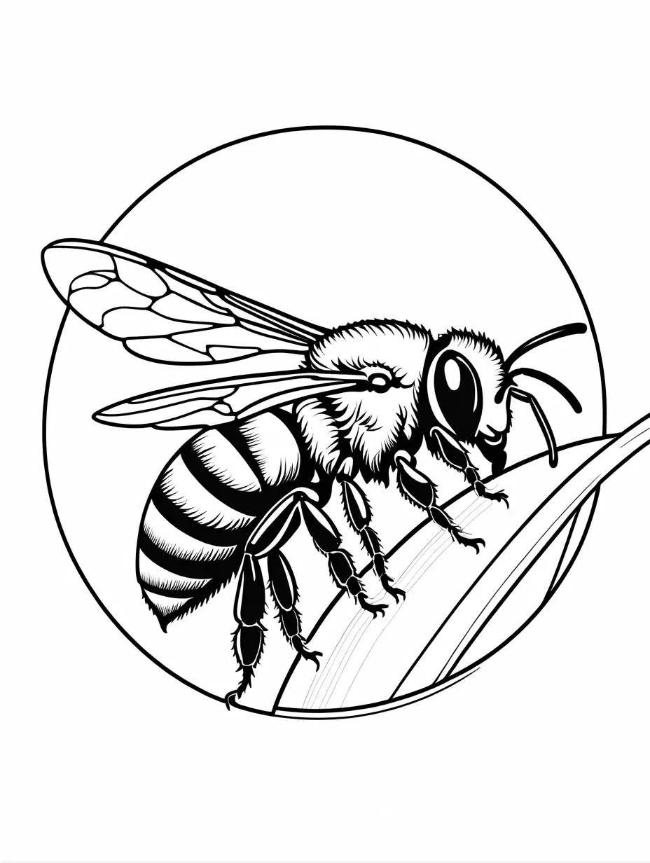 A leafcutter bee with mandibles, cutting a perfect circle in a leaf., Coloring Page, black and white, line art, white background, Simplicity, Ample White Space. The background of the coloring page is plain white to make it easy for young children to color within the lines. The outlines of all the subjects are easy to distinguish, making it simple for kids to color without too much difficulty