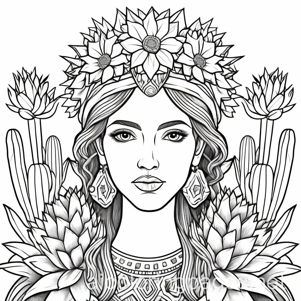 Create a tranquil scene with a closeup of a woman crowned with cactus flowers in full bloom., Coloring Page, black and white, line art, white background, Simplicity, Ample White Space. The background of the coloring page is plain white to make it easy for young children to color within the lines. The outlines of all the subjects are easy to distinguish, making it simple for kids to color without too much difficulty